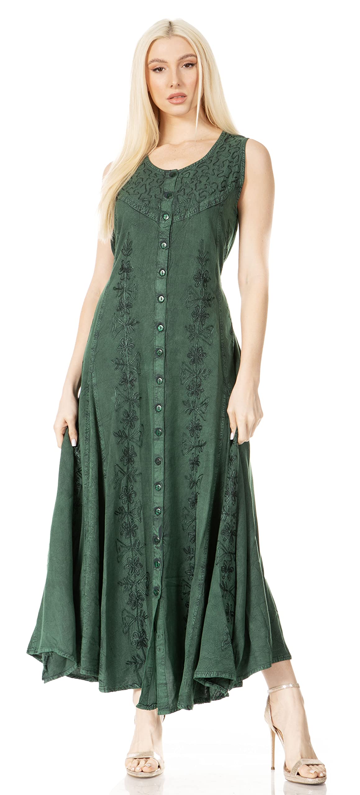 Photo 1 of Sakkas 15221 - Maya Floral Embroidered Sleeveless Button Up Rayon Dress - Green - 1X/2X