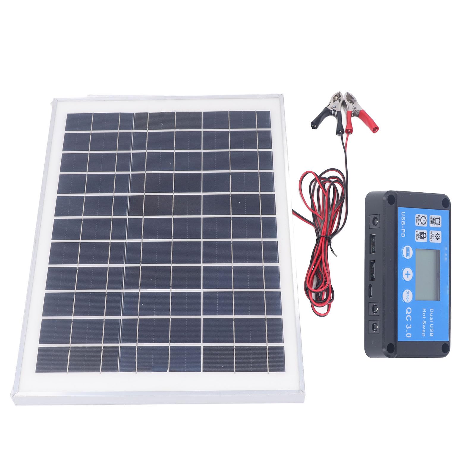 Kit Pannello Solare 50W 18V con Regolatore di Carica Impermeabile MPPT Morsetto Batteria da 3 Metri per Roulotte per Rimorchio per Barca da Esterno