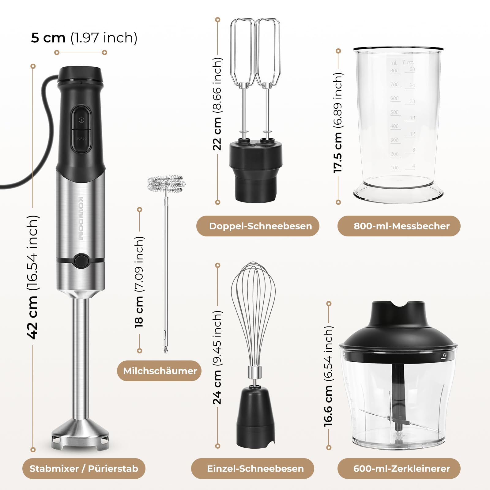 Stabmixer Set 1200W mit 12 Geschwindigkeiten & Turbofunktion – Edelstahl Pürierstab für Suppen, Soße, Smoothies – inkl. 800 ml Messbecher, 600 ml Zerkleinerer & Milchaufschäumer – spülmaschinenfest
