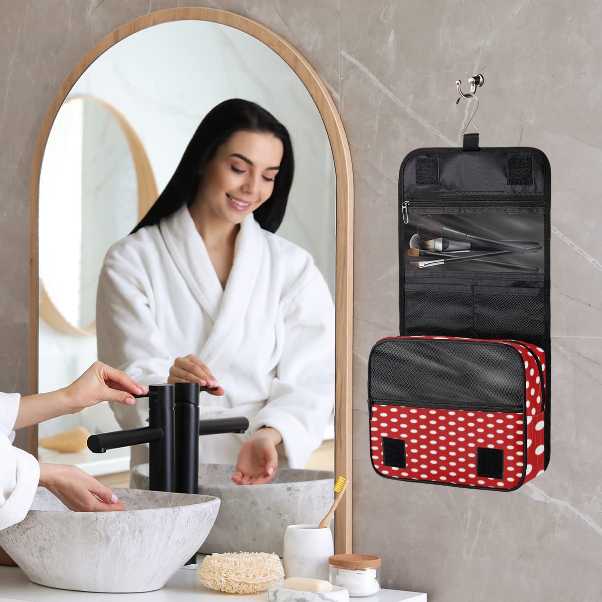 Polka Dots czerwona podróżna kosmetyczka w kropki torba do mycia torebka uniseks wiszące przybory toaletowe organizer na kosmetyki, wielobarwny, Jeden rozmiar