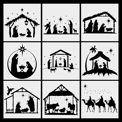 9 plantillas de pintura de belén de Navidad, reutilizables, plantillas de dibujo para pintar sobre lienzo de madera, plantillas de pintura