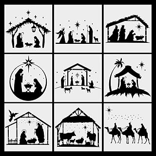9 Pieces Christmas Nativity Scene Painting Stencils Reusable DIY Drawing Stencil for Painting on Wood Canvas Reusable Nativity Scene Paint Stencils for Crafts Fabric Home Décor 7.9x7.9 Inch