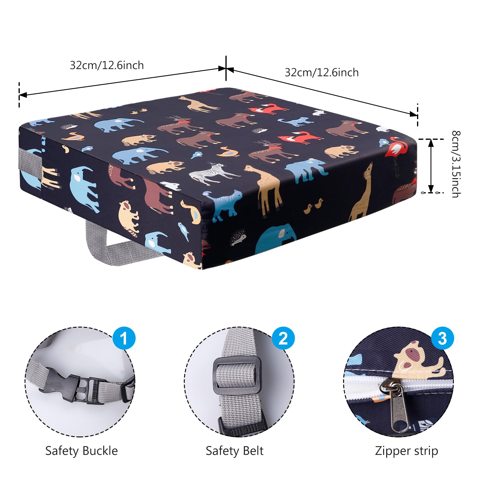Rialzo da Sedia per Bambini 32x32x8cm Cuscino da Tavolo Cartoon con Cinghie di Sicurezza Nero