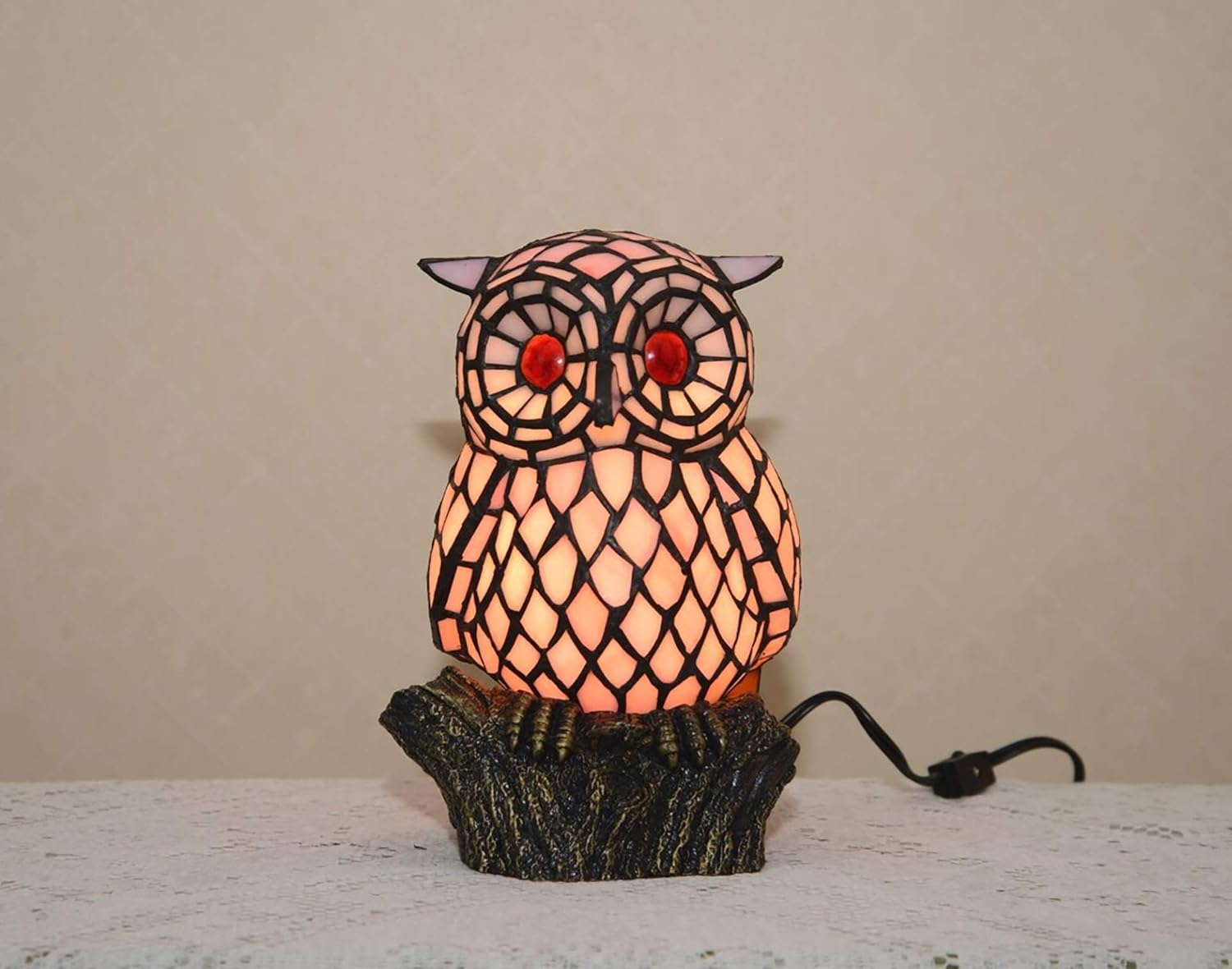 TMI ART PANEL Stained Glass Handcrafted Owl Night Light Table Desk Lamp.