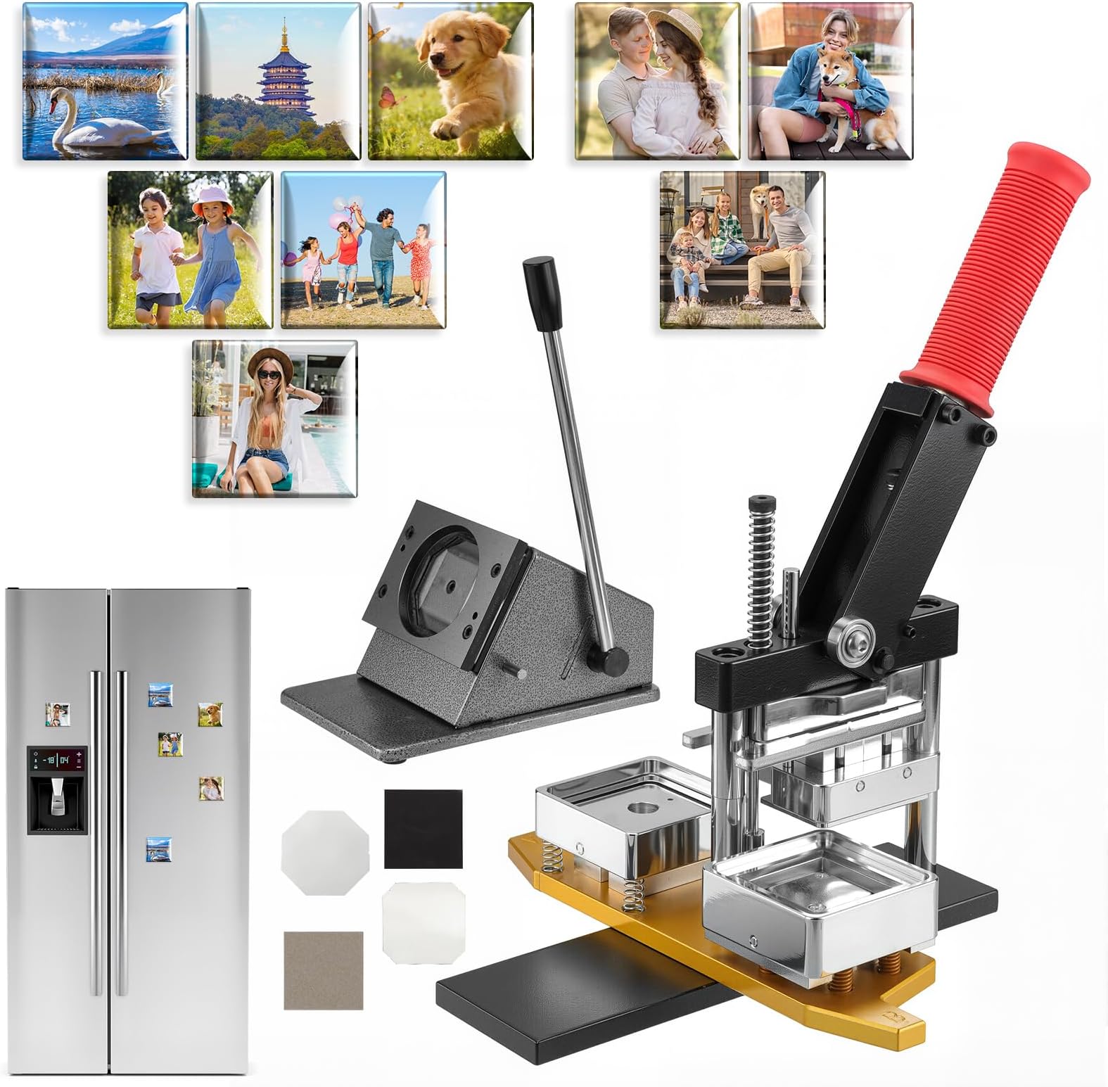 2x2 Inch Square Fridge DIY Photo Magnet Maker Machine, Custom Badge Press Starter Kit with Picture Cutter, 200 Kits & 100 Photo Paper All-in-One for Small Business, DIY