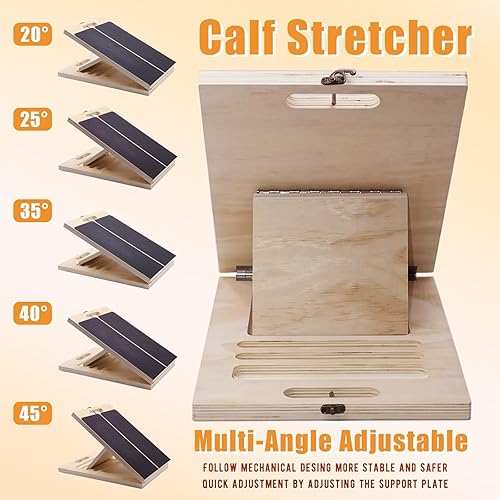 Miniatura 3 de Tabla inclinada de madera para estiramiento de pantorrillas, tabla elástica ajustable de pantorrilla con póster de entrenamiento y bandas de