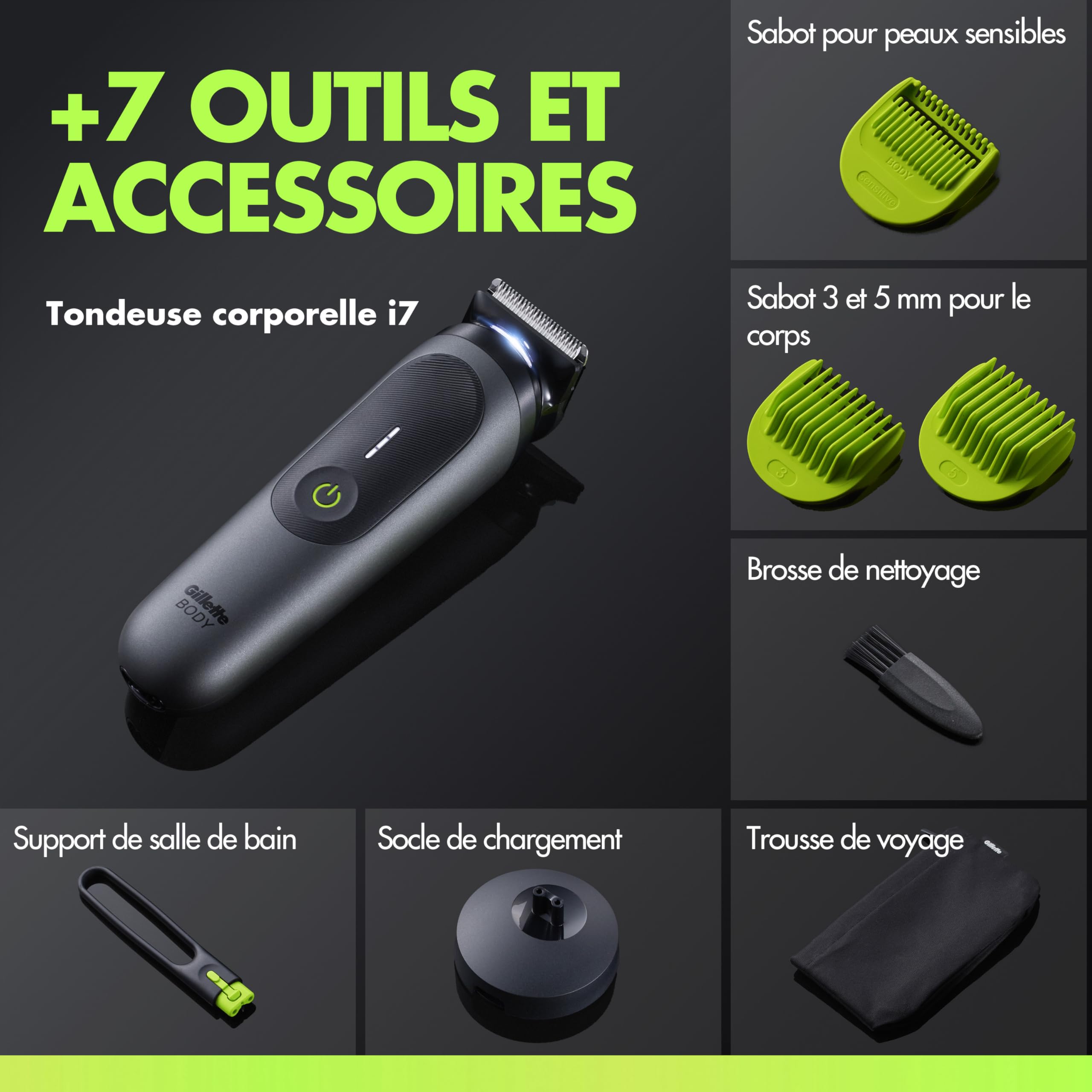 Gillette Labs Body + Intimate Tondeuse Homme i7, Tondeuse Corps et Zone Intime, Étanche, Dotée de la Technologie SkinFirst et de la Lumière LED pour Visibilité, 3 Sabots, Batterie Rechargeable Incluse