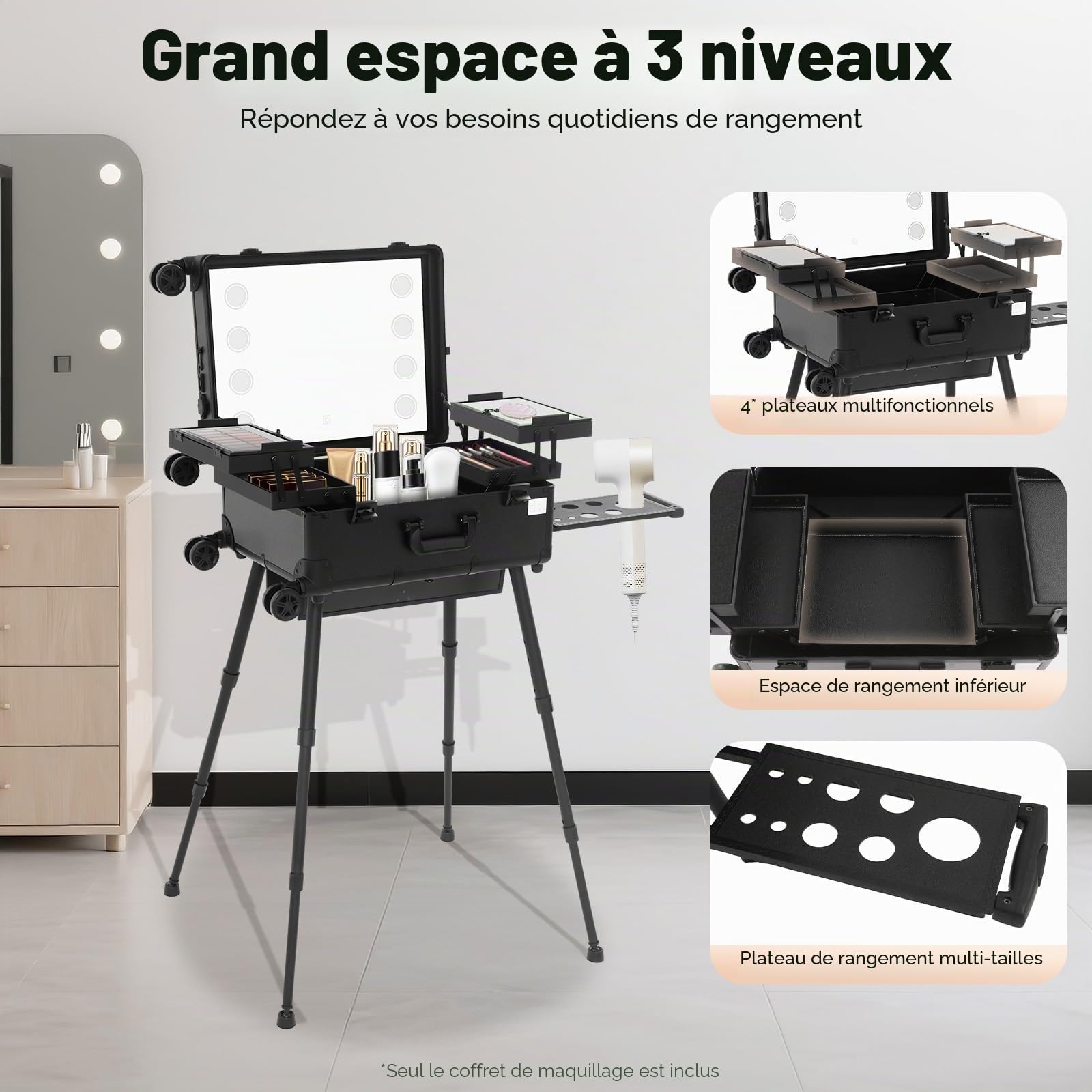 MINRS Valise de maquillage à roulettes Avec miroir et lumière Hauteur et luminosité réglables Verrouillable Pour les voyages, les coiffeurs, les maquilleurs Noir