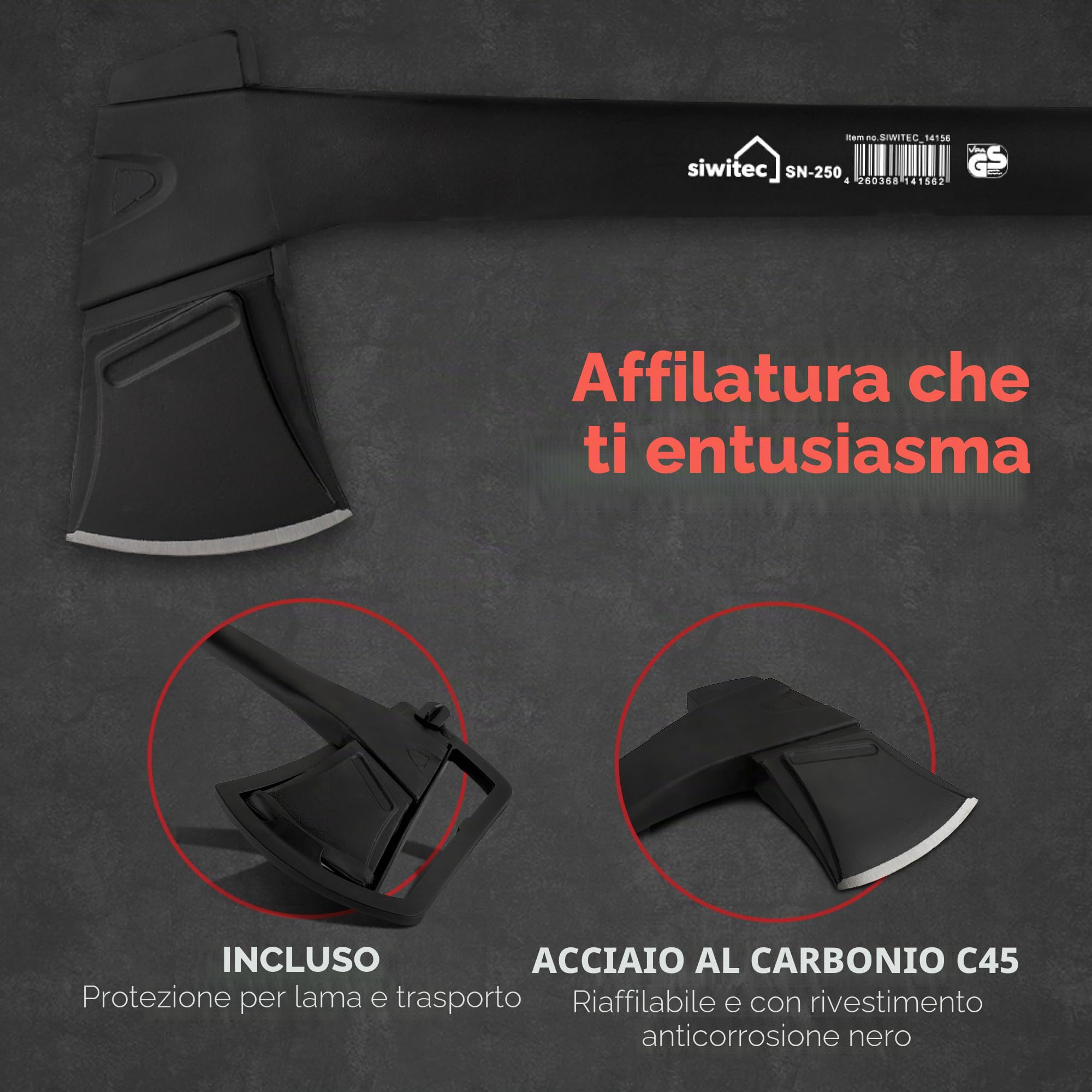 Ascia siwitec SN-250 incl protezione della lama, ascia da spacco con peso della testa di 250 grammi, ascia per spaccare il legno con manico in plastica rinforzata con fibra di vetro e lama in carbonio