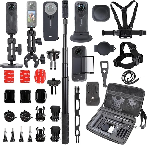 PellKing Accessories Kit for insta360 X5,Included Carrying Case with Belt,2 Pcs Metal 1/4" Adapter,Handlebar Clamp,Magnetic Mount,43in Selfie Stick,Chest Strap,Head Strap,Backpack Mount,and Others