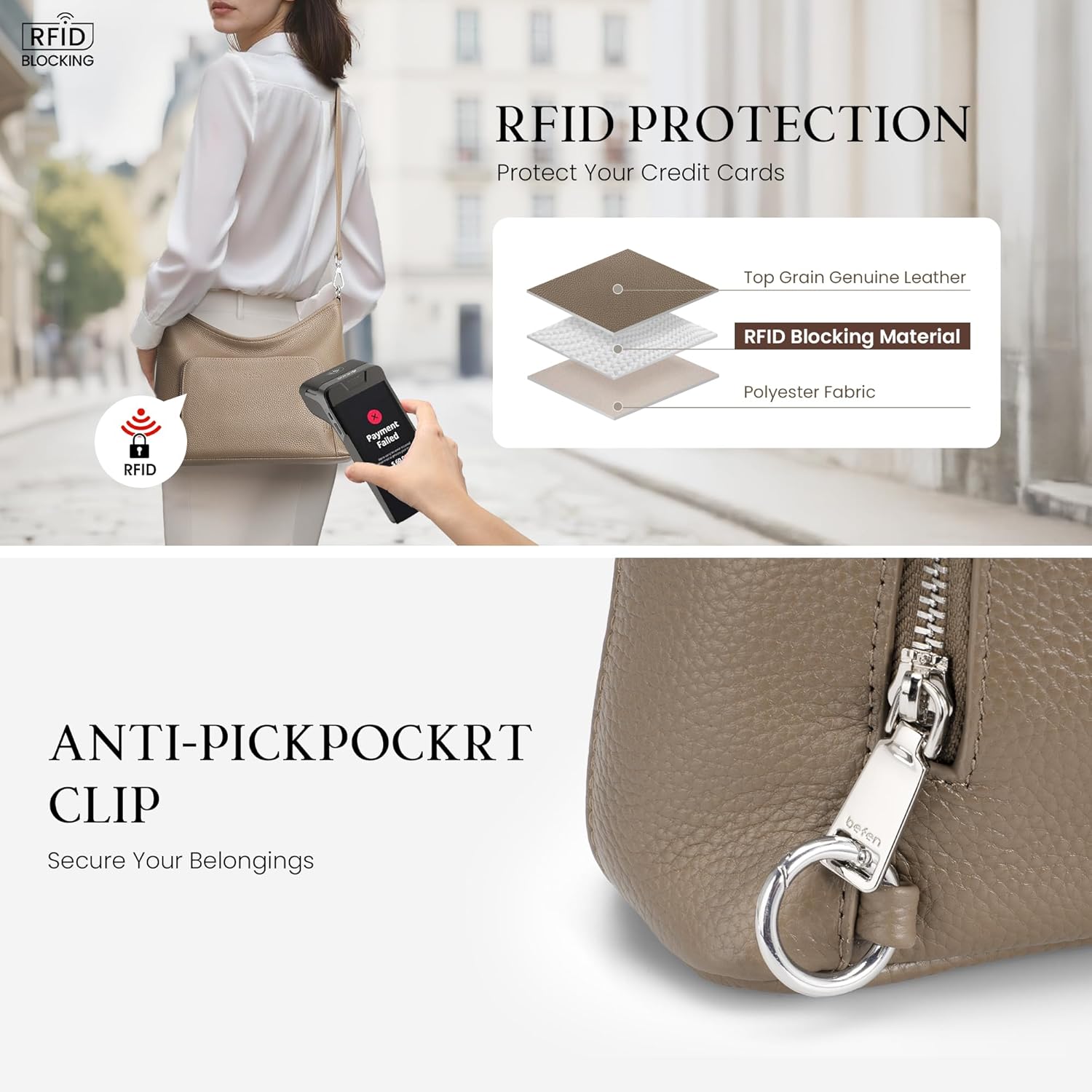 befen Genuine Leather Hobo Bag Purses for Women, Anti Theft Built in RFID Wallet Crossbody Bag Shoulder Handbags