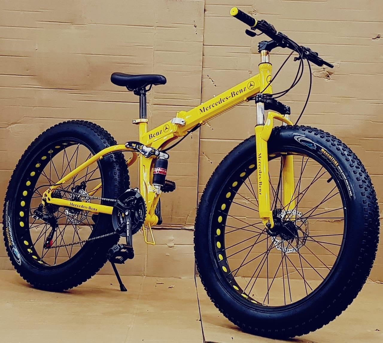 Unisex Folding Mountain Bike | 21-Speed Gear | Double Disc Brakes | Fat Magnesium Tires | Carbon Steel Frame | 26-Inch Yellow