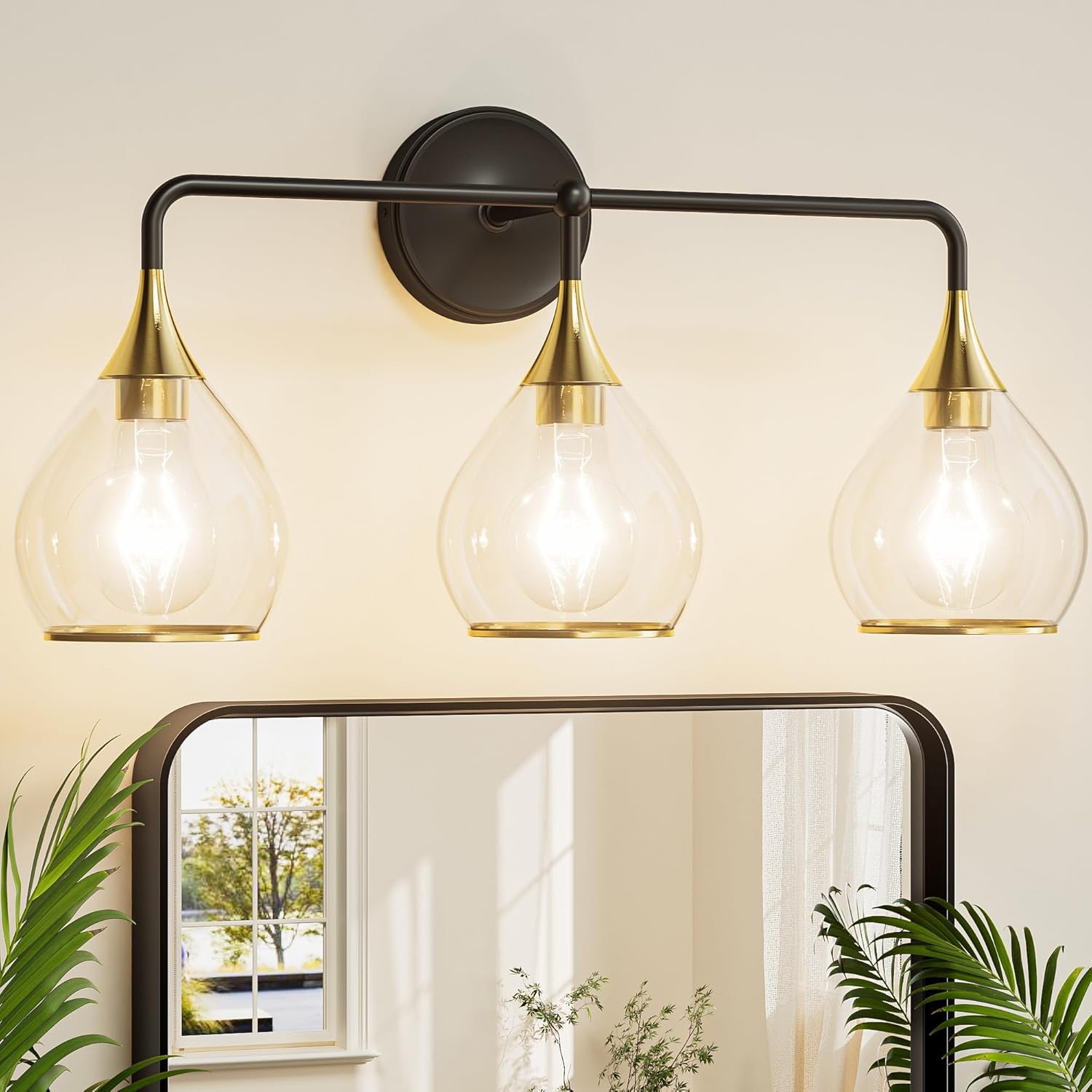 TETOTE 3-Light Modern Bathroom Light Fixtures, 3 Light Vanity Lights Over Mirror Black & Gold Wall Lamp with Clear Glass for Bathroom, Mirror, Living Room, Bedroom, Hallway 3-Light Black & Gold