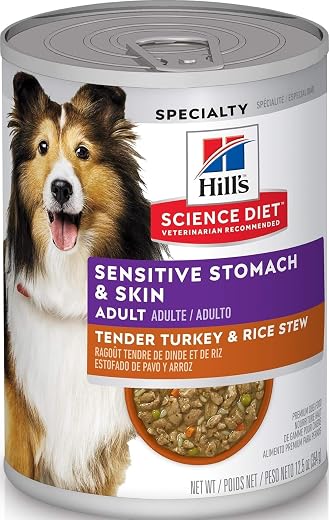 Hill’s Science Diet Wet Dog Food, Adult, Sensitive Stomach & Skin, Tender Turkey & Rice Stew, 12.5 oz. Cans 12-Pack