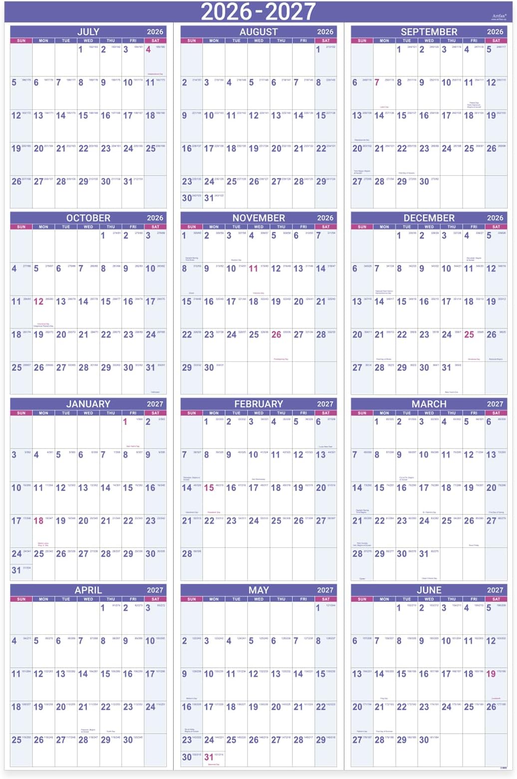 2026-2027 Yearly Wall Calendar - Calendar 2026-2027, July 2026 - June 2027, Large Wall Calendar 26-27, 34.8" x 22.8"(Open), Full Year Calendar Large, One Page Vertical with Round Stickers - Purple
