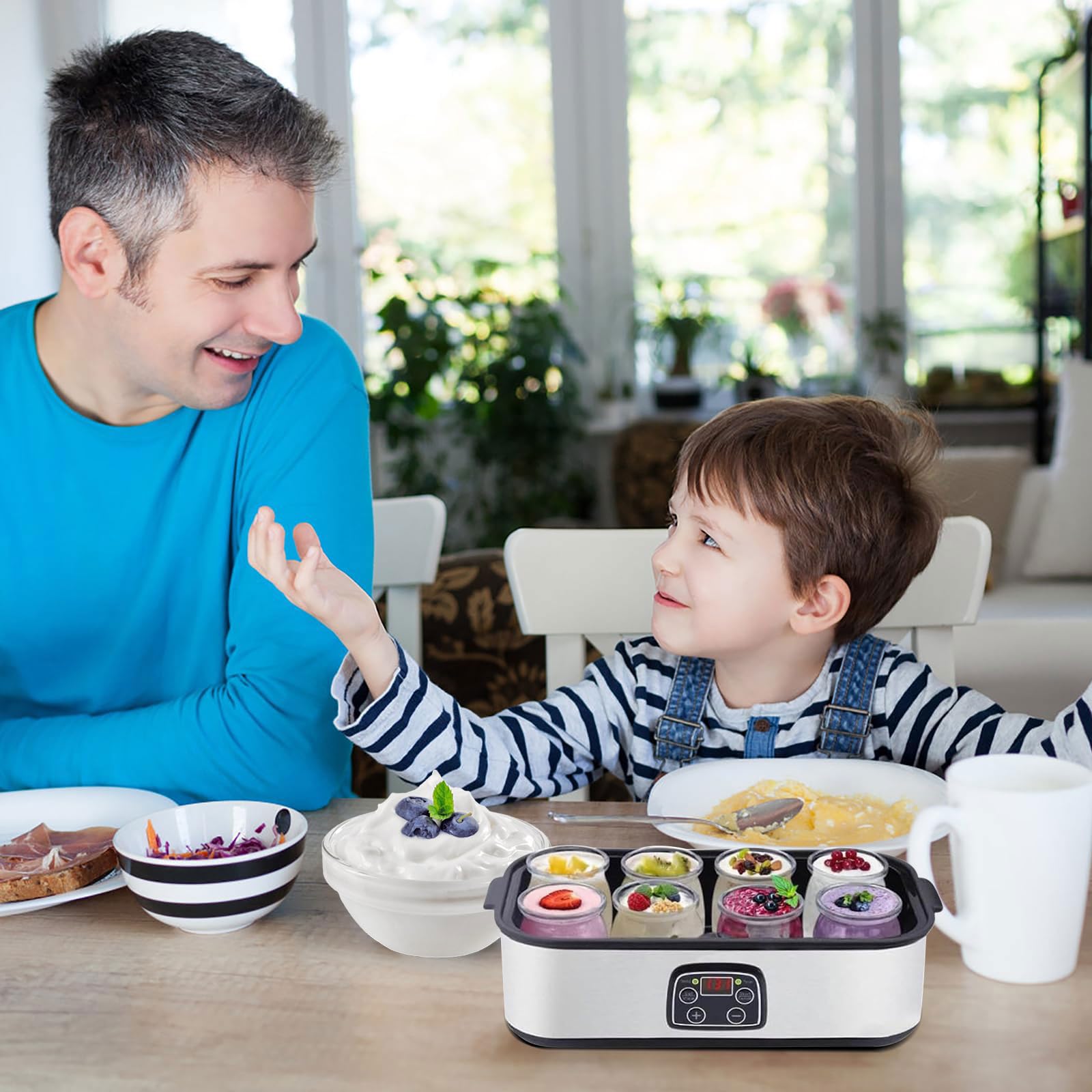 Yaourtière numérique avec écran LCD, capacité de 1400 ml, comprend 8 bocaux en verre pour yaourt et desserts faits maison