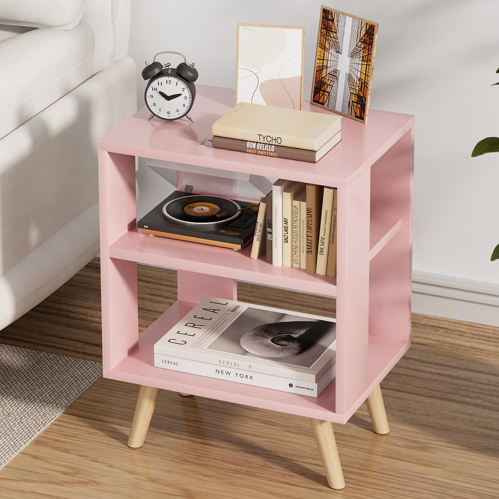 Aenuert Night Stand, Pink Kids Nightstand, Modern End Table with Open Storage, 2-Tier Nursery Bedside Table for Small Space, Living Room, Bedroom