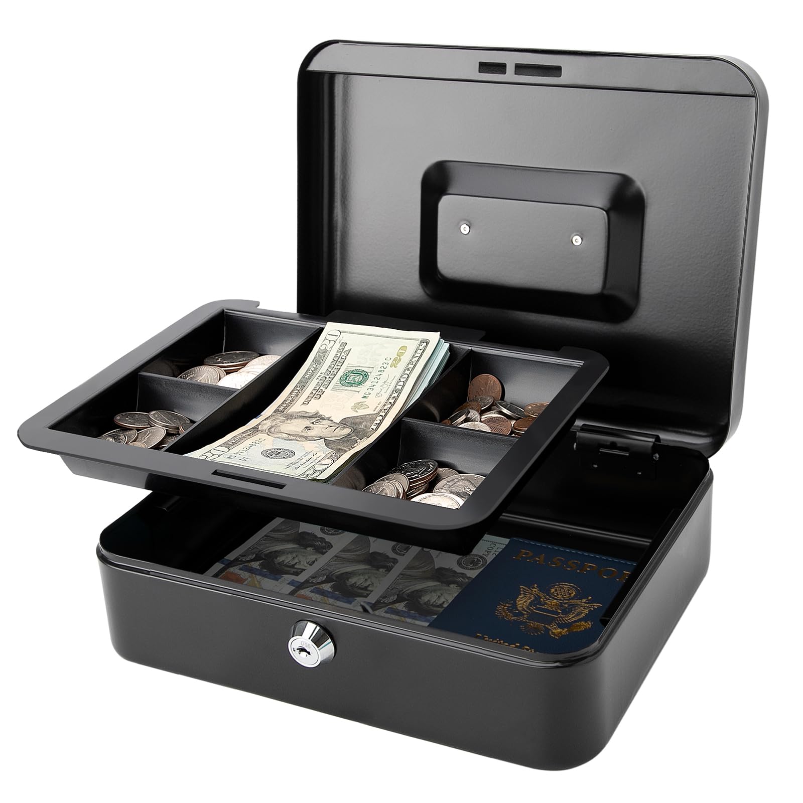 Jssmst Cash Box with Key Lock, Money Box with Cash Tray, Lock Box, Black, Large