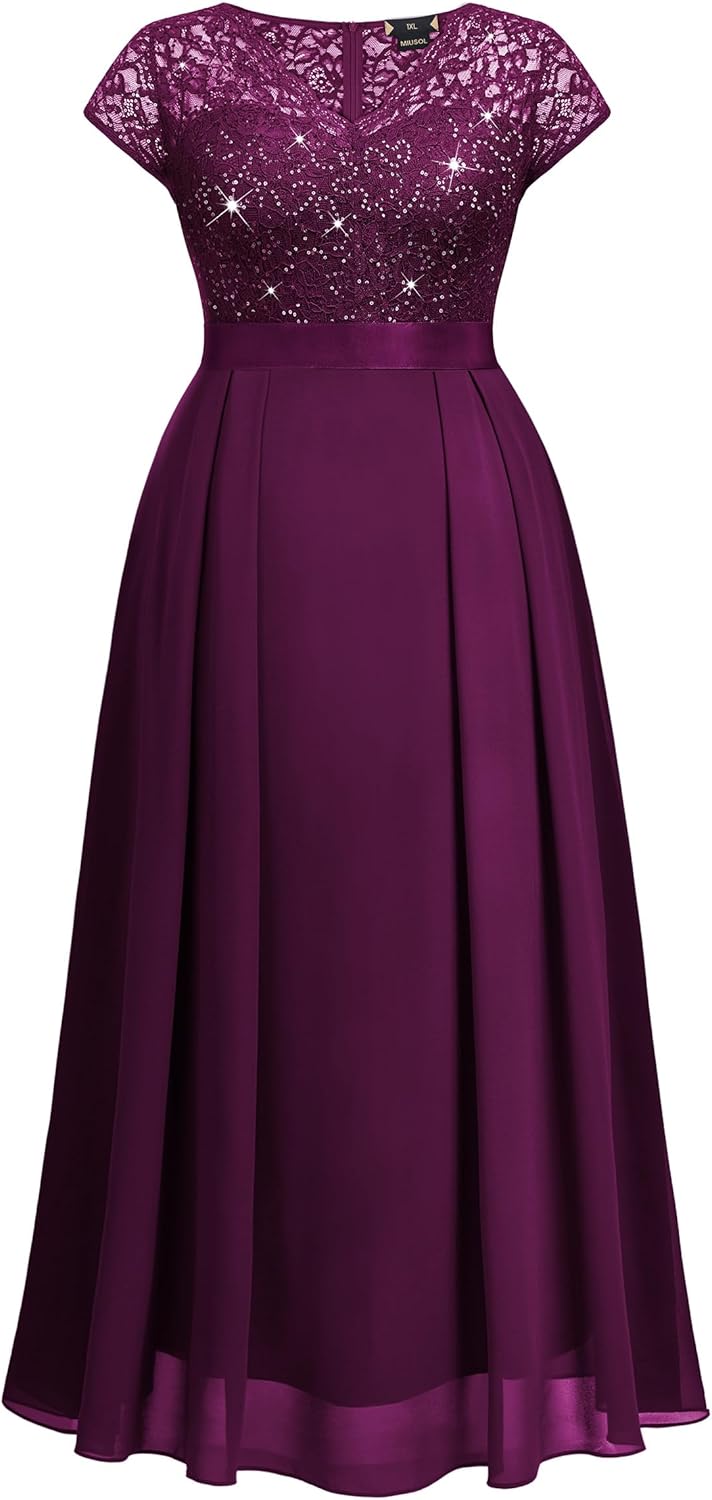 Miusol Women's Plus Size Sequin Floral Lace V Neck Formal Party Evening Gown Chiffon Maxi Dress - Image 5