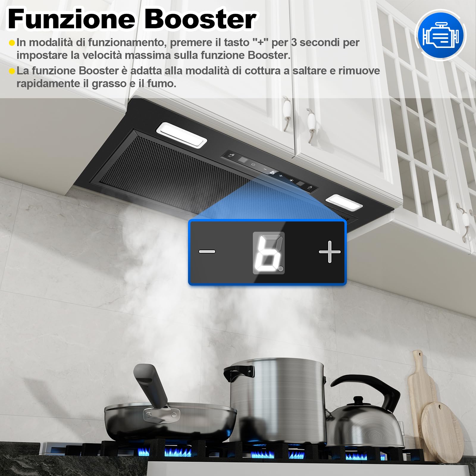 Cappa Aspirante da Incasso 52cm Nera, 750 m³/h, Controllo Gestuale e Tattile, 3 Velocità + Booster, Silenziosa 64 dB, Illuminazione LED, Doppia Modalità (Scarico/Ricircolo), Classe A+++