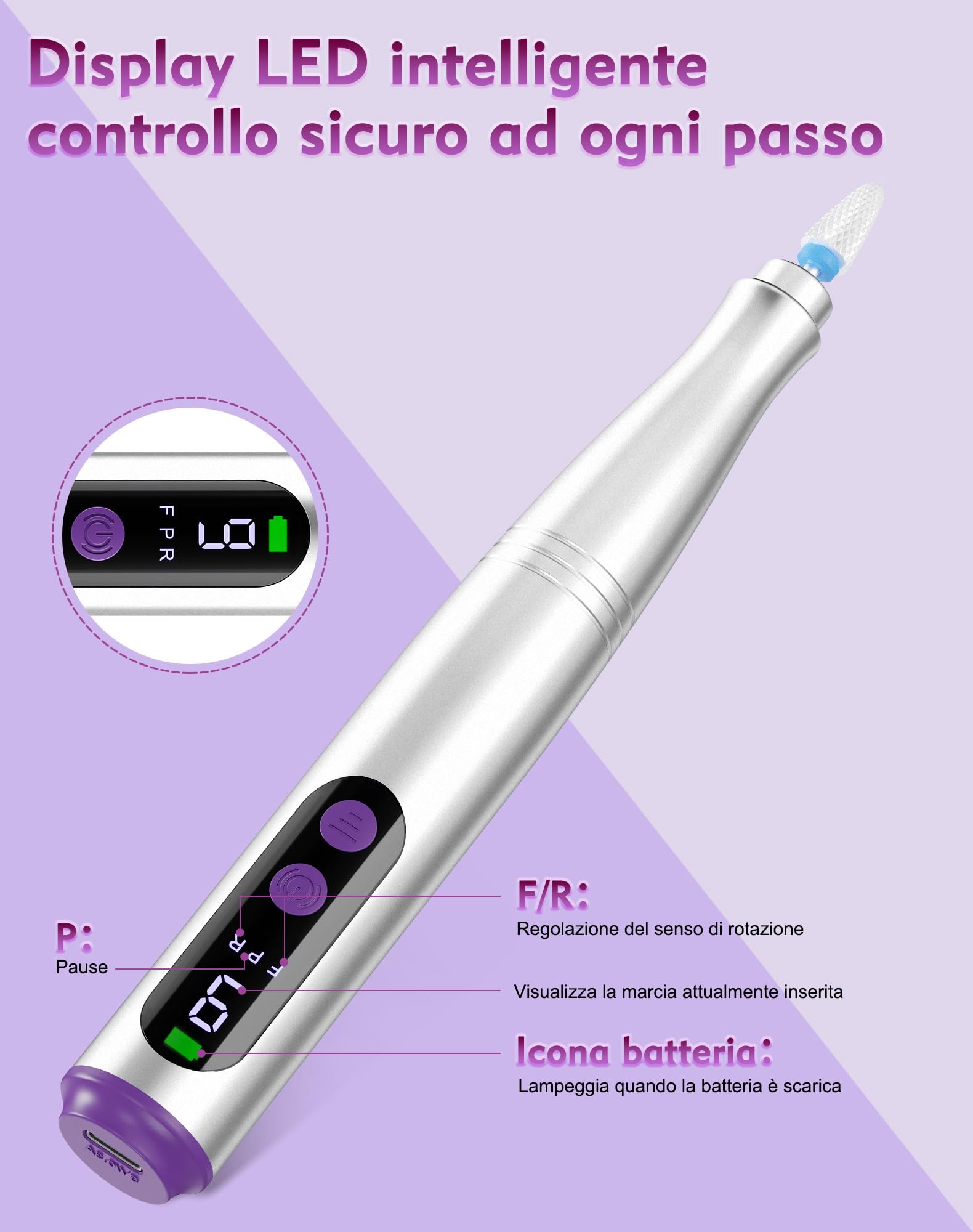 Fresa per Unghie Professionale 20000 Giri/min, Lima per Unghie Elettrica 12 in 1 con Display LCD, 9 Velocità Regolabili, Micromotore Unghie Ricaricabile per Manicure e Pedicure