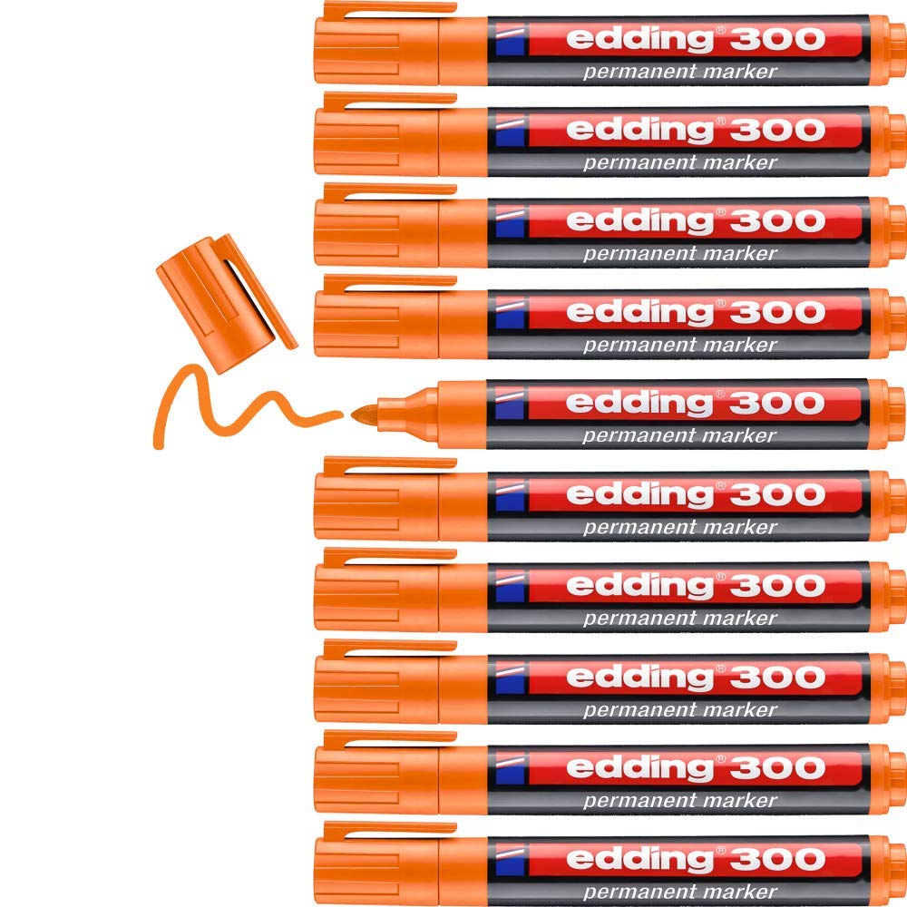 Edding 300 Permanent Marker - Orange - 10 Pens - Round Tip 1.5-3 mm - Waterproof, Quick-Drying, Smear-Proof Pens - for Cardboard, Plastic, Glass, Wood, Metal and Fabric, 4-300006