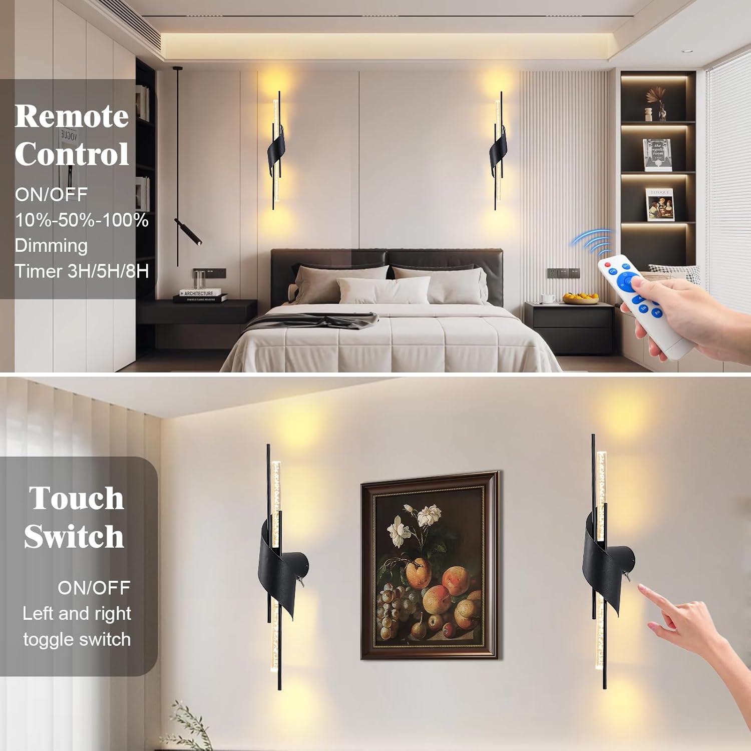 camuucci Battery Operated Wall Sconces Set of Two,Modern Wireless Wall Lights,LED Rechargeable 20000mAh Not Hardwired Remote Control Dimmable Wall Lamp Fixtures for Bedroom Black 25 Inches