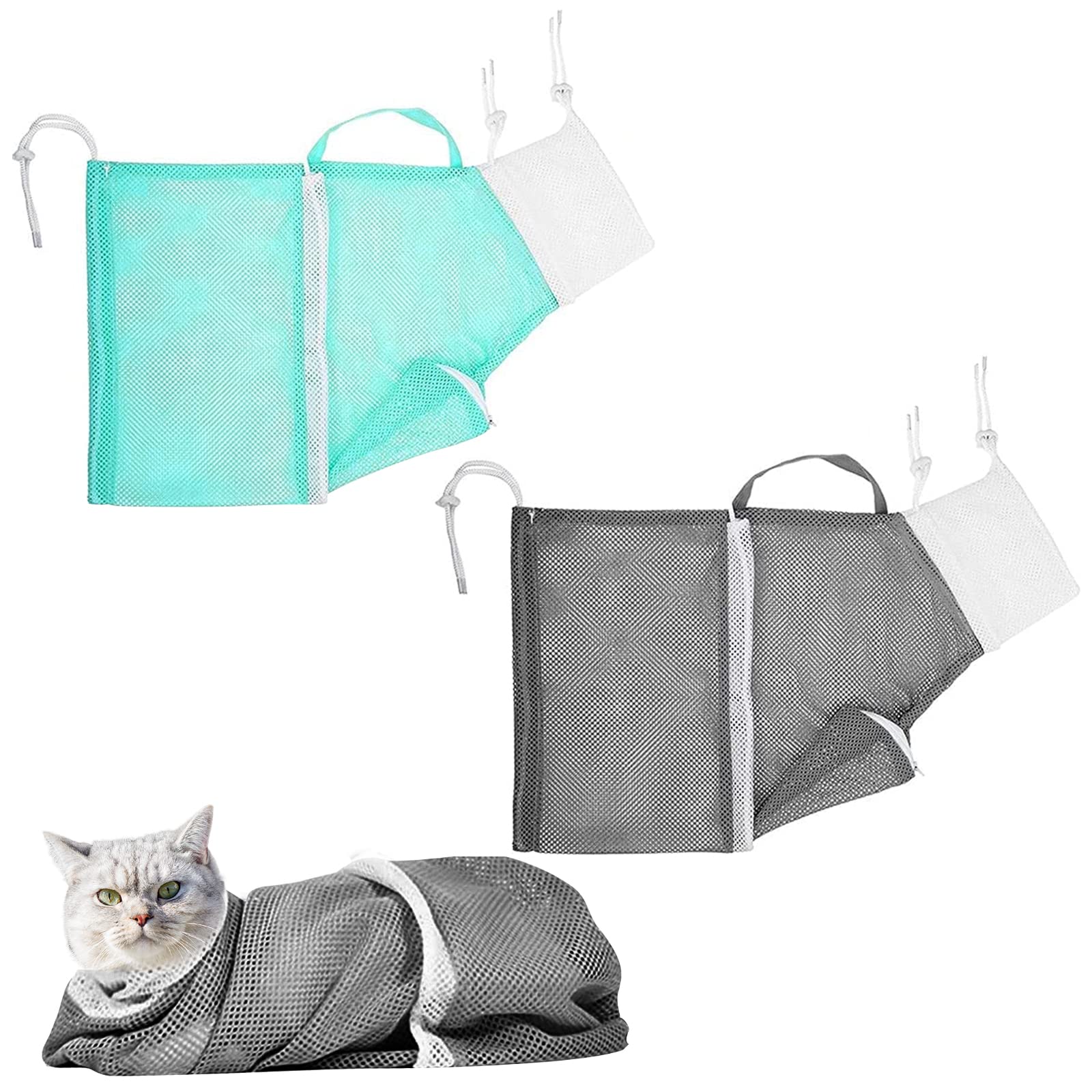 LLMSIX 2-in-1 Cat Bathing and Grooming Net Bag - Adjustable, Breathable for Cat Restraint and Injection, Medicine Taking (Green, Grey)