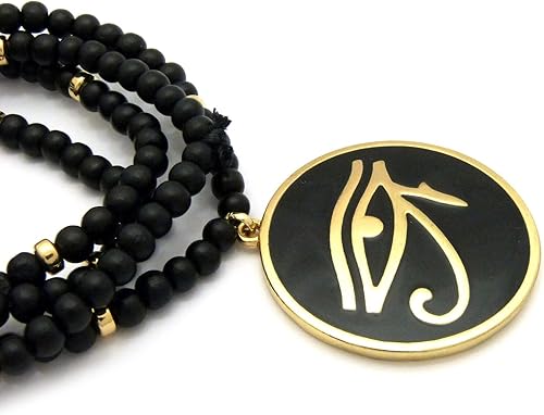 Miniatura 4 de Colgante redondo de ojo egipcio de Horus de 0.236 in, 30 pulgadas, collar de cuentas de madera en tono dorado y negro