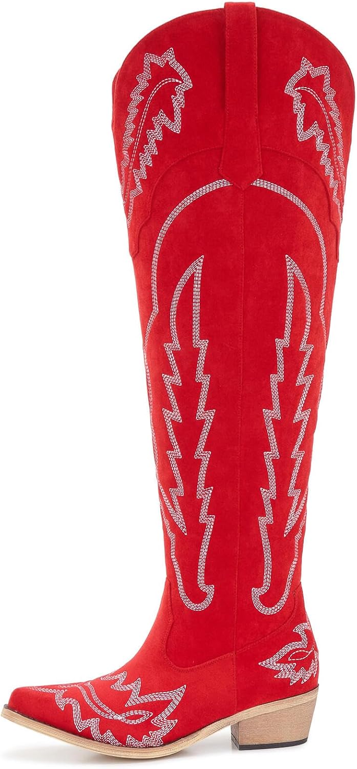 Women’s Wide Calf Plus Size Over the Knee Western Cowboy Boots with Side Zipper and White Embroidery, Red Suede Cowgirl Boots with Mid Heel Classic Western Style