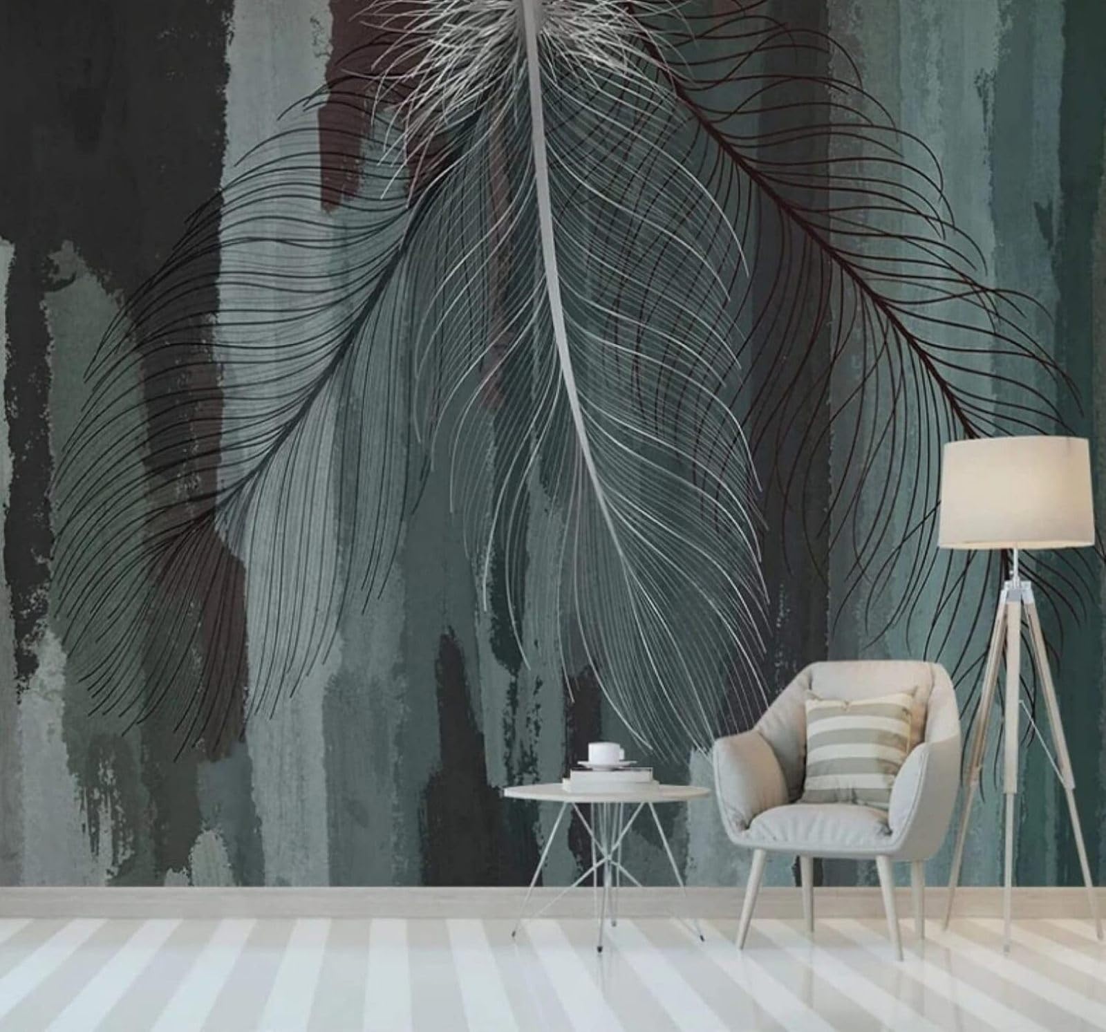 Xlming 400Cm×280Cm(B×H) Hand Painted Watercolour Feathers Abstract Art 3D Wallpaper Luxury Silk Study Dining Feature Sofa Grey Bedroom Living Room Tv Decorative Wall-400Cm×280Cm