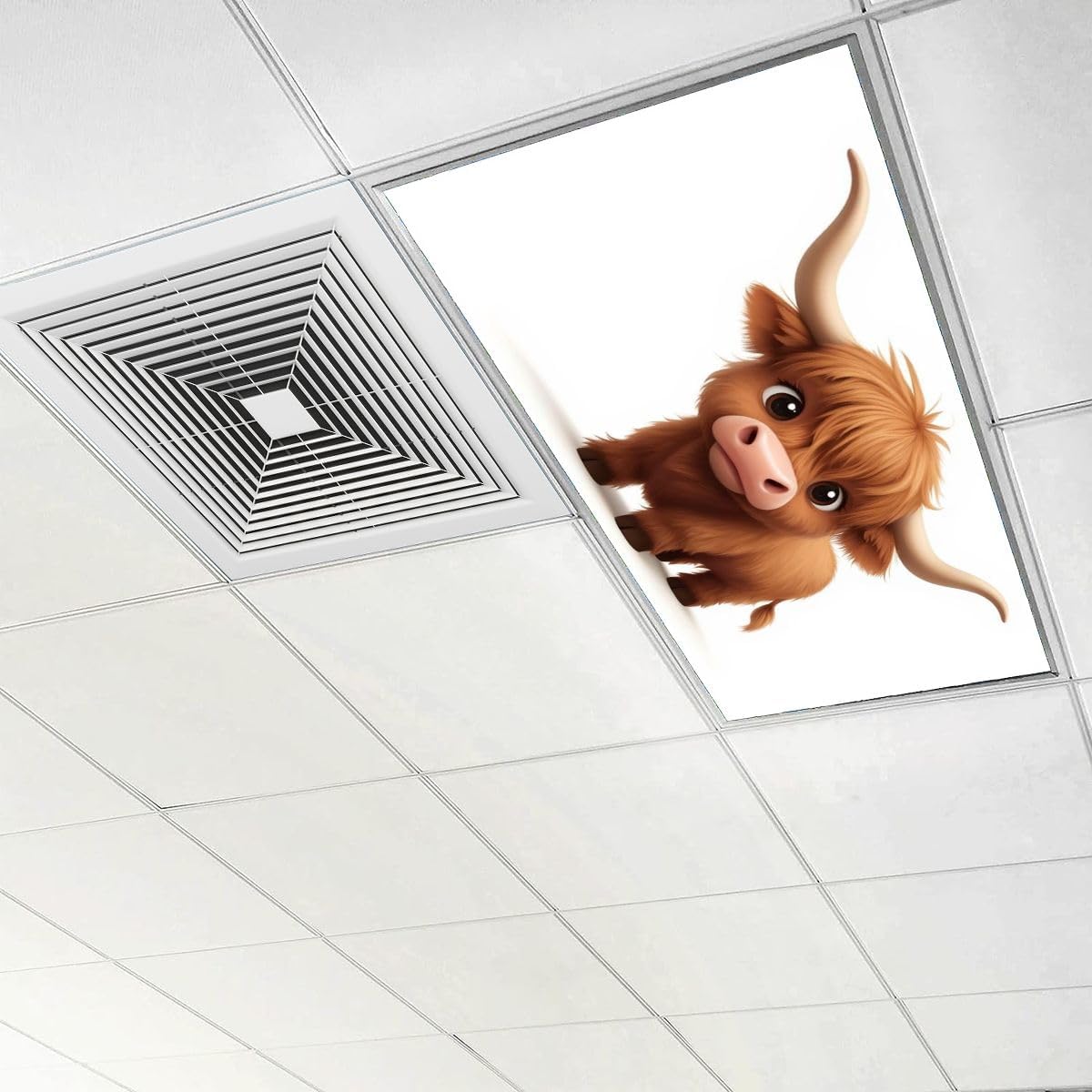 4 Pcs Fluorescent Light Covers for Ceiling Lights Highland Cow Soft Fur Curly Hair Large Eyes Short Horns Cartoonish Decorative Magnets Light Filters for Office Home Classroom Must Haves 4’ x 2’