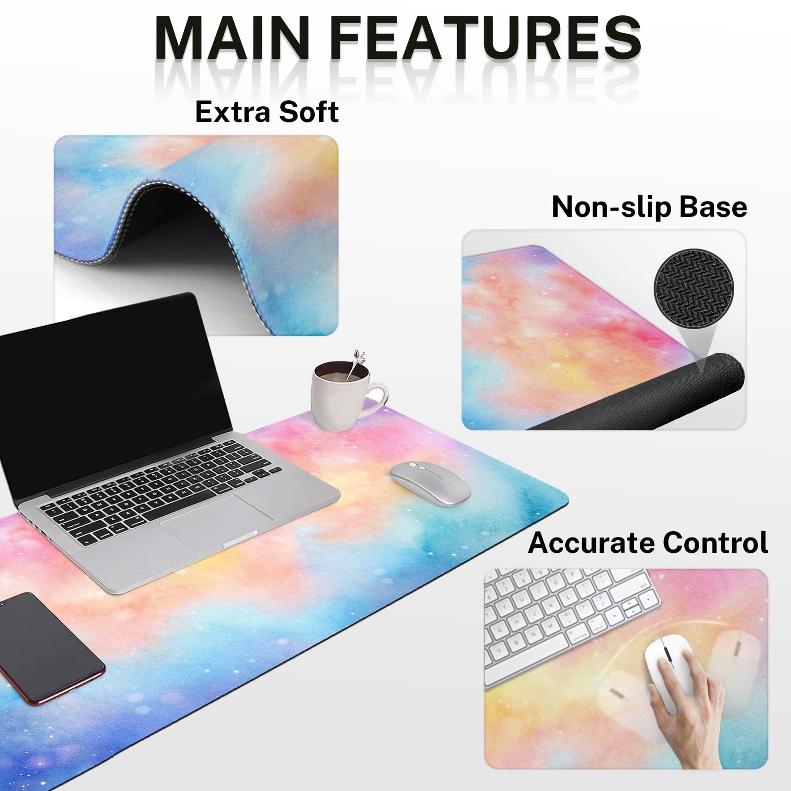 Arttown Alfombrilla de escritorio iridiscente con diseño de nube 4 en 1, diseño ergonómico colorido de cielo estrellado, almohadilla de escritorio grande + reposamuñecas para teclado + reposamuñecas