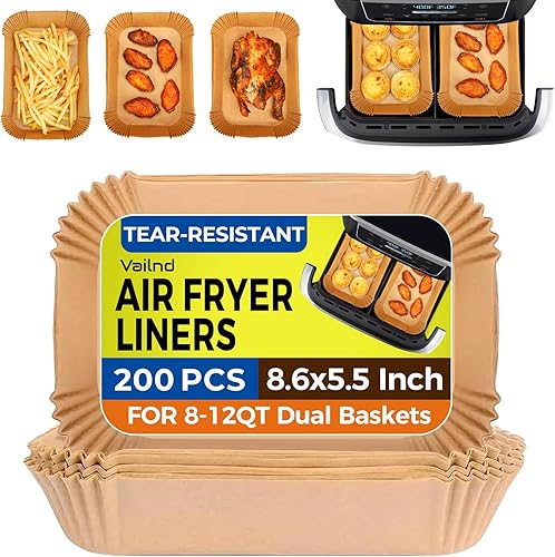 Vailnd - Forros para freidora de aire desechables para cestas dobles, 200 piezas de papel pergamino rectangular para Ninja DZ201 DZ401, freidora de