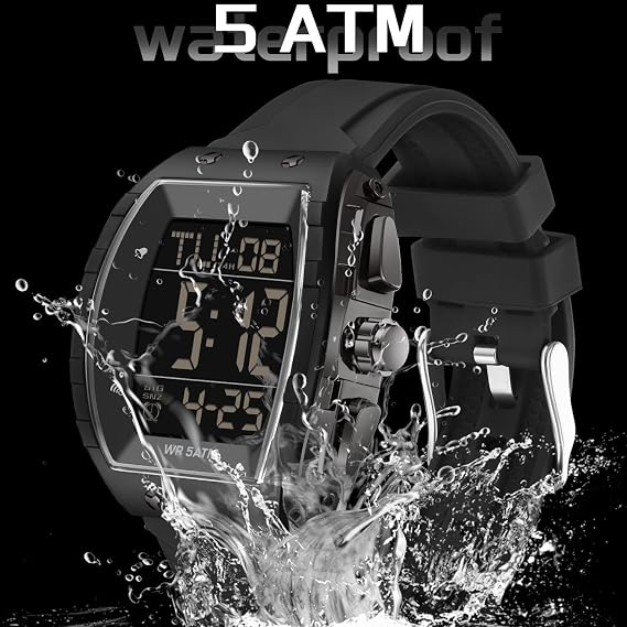 findtime Men's Digital Watch Fashion Sport Watches Unique Tonneau Military Tactical Waterproof Square Watches with Stopwatch Alarm Countdown Luminous Curved Big Face Wrist Watch