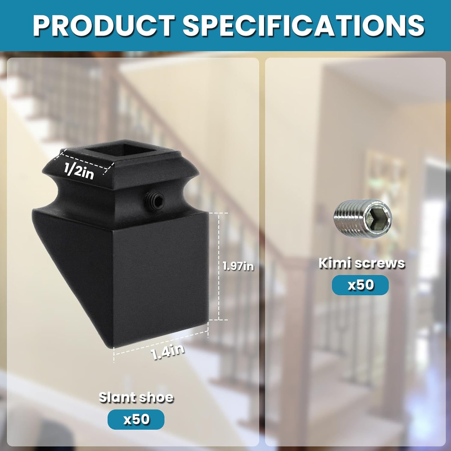 Iron Baluster Shoes - Slant Shoe with Screw - for Use with 1/2" Square Balusters - Set of 50 (Satin Black)