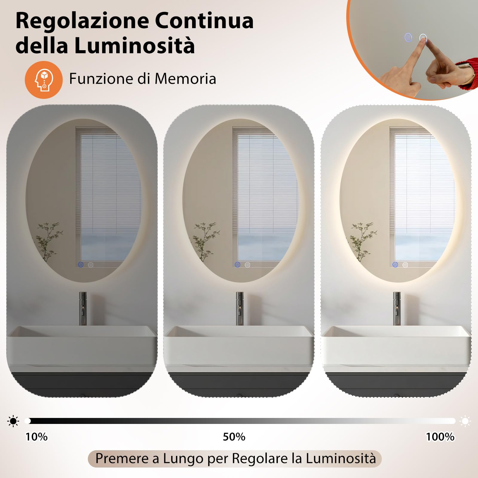 COSTWAY Specchio da Bagno Ovale 70 x 50 cm, Specchio Retroilluminato Bagno con Luce, Antiappannamento, 3 Colori di Luce Dimmerabili, Funzione Memoria e Vetro Temperato Infrangibile per Ingresso, IP44
