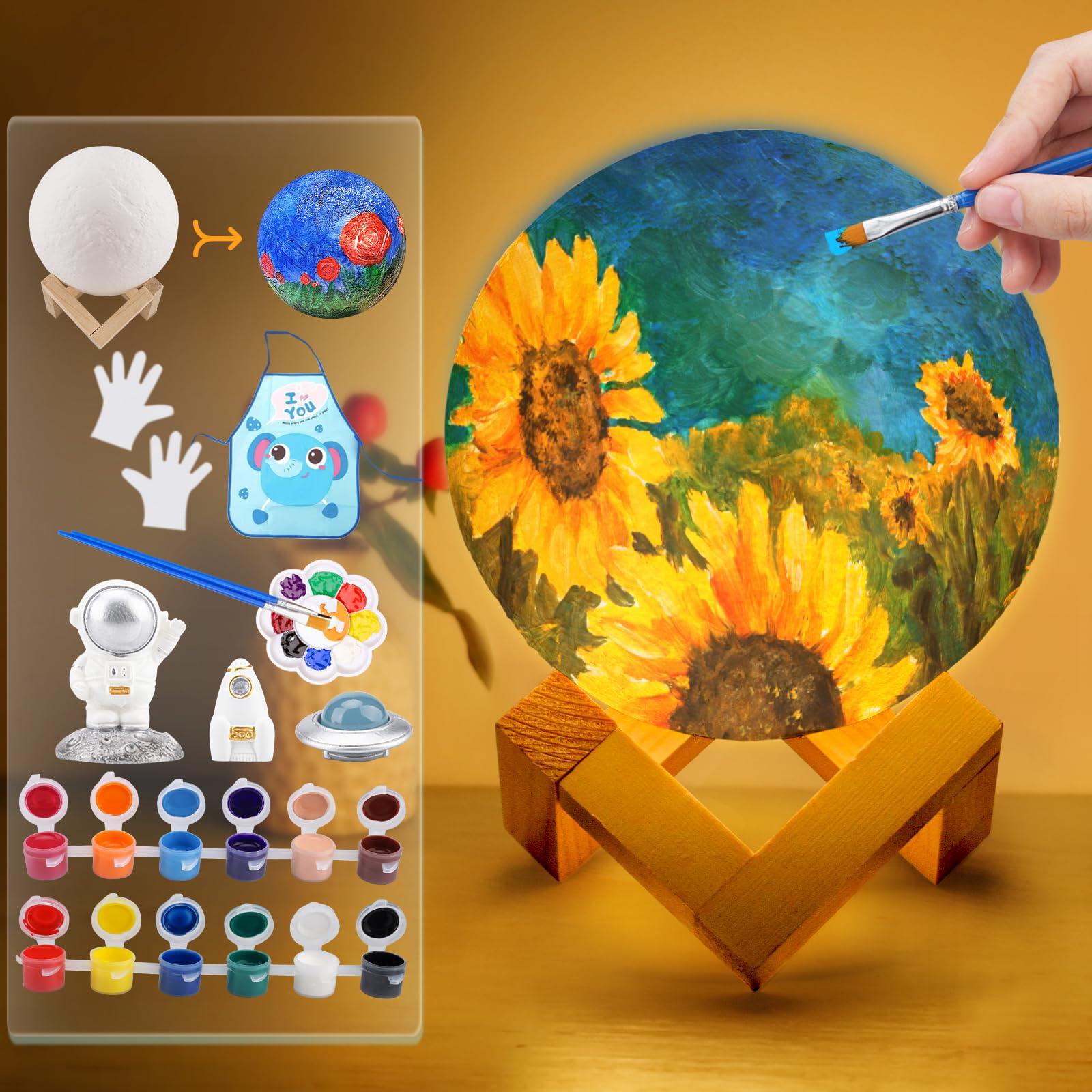 Paint Your Own Moon Lamp Kit, Moon Light DIY Galaxy Lamp 16 Colors LED 3D Night Light, Art Supplies Creativity Arts & Crafts Kit for Kids Boys Girls Ages 8-12 Gifts (4.7inches)