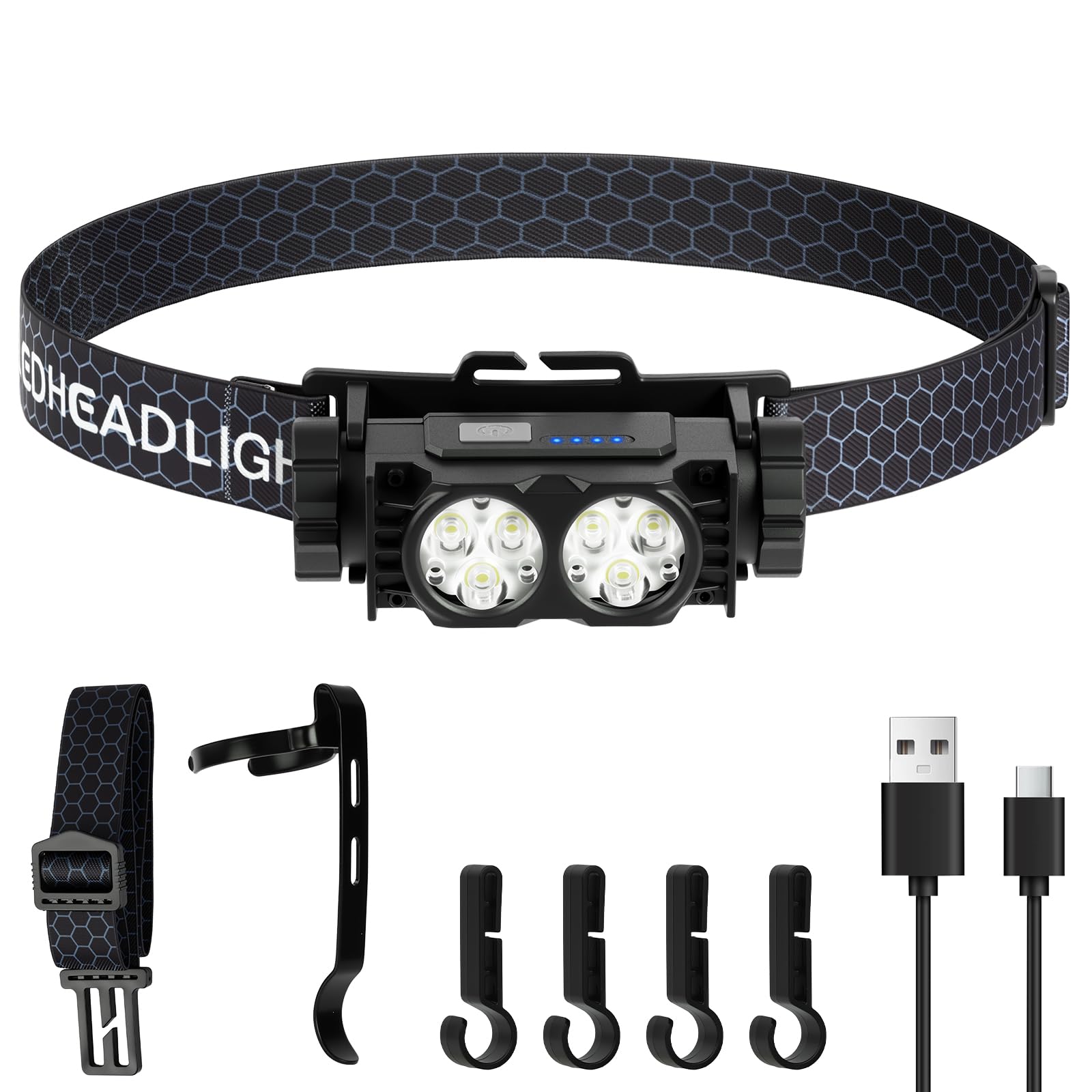 AXFEE Lampada Frontale LED, Super Luminosa 600 Lumen Torcia Frontale Led Ricaricabile, Batteria 1500mAh con 3 Modalità di Luce, Impermeabile Torcia da Testa per Corsa, Pesca, Campeggio, Ciclismo