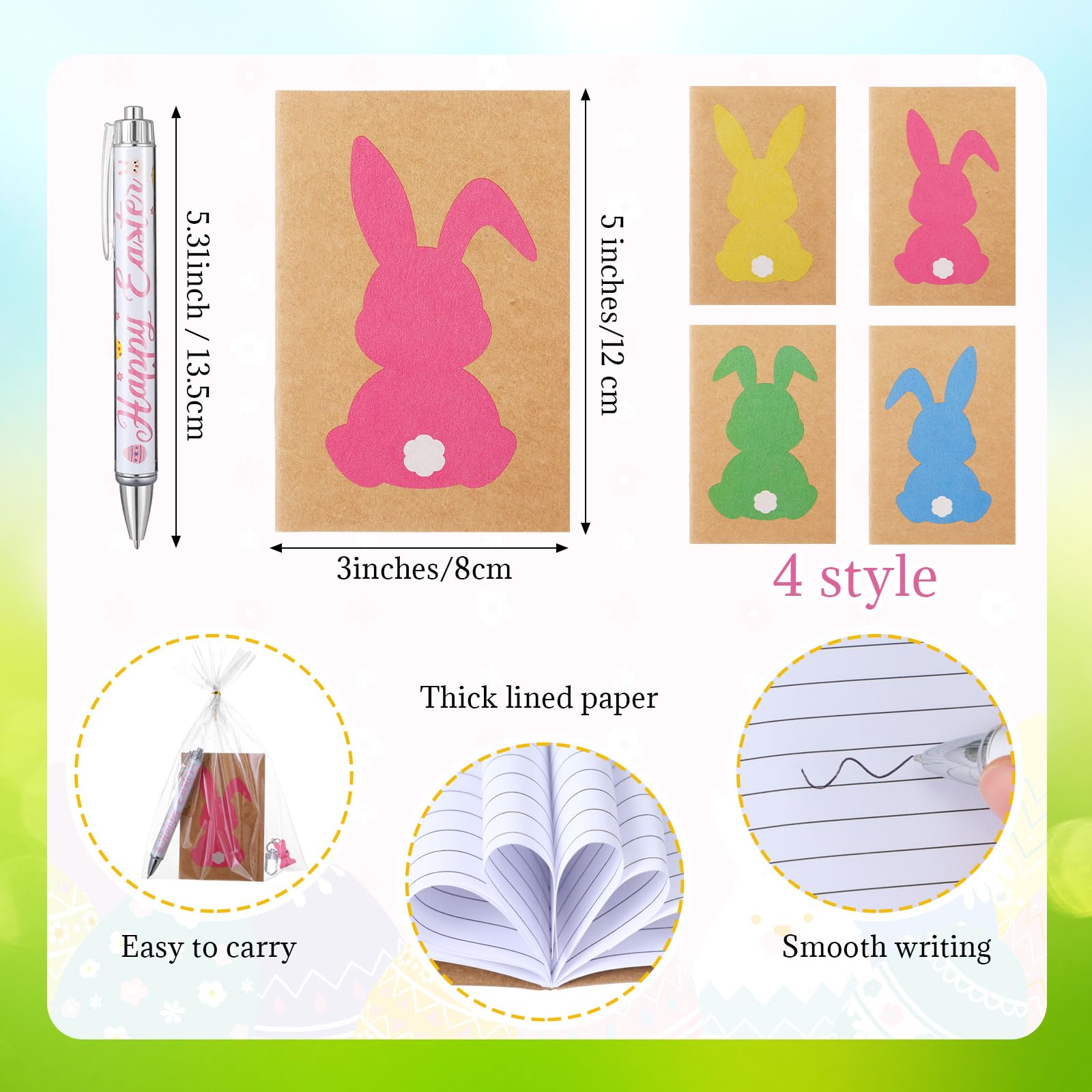 Willinglong 12 Set / 60 Pcs Easter Gift Include 24 oz Tumbler with Lids and Straws, Bunny Notebook, Colorful Pen for Easter Party Favor Basket Stuffers Classroom Prizes Gifts