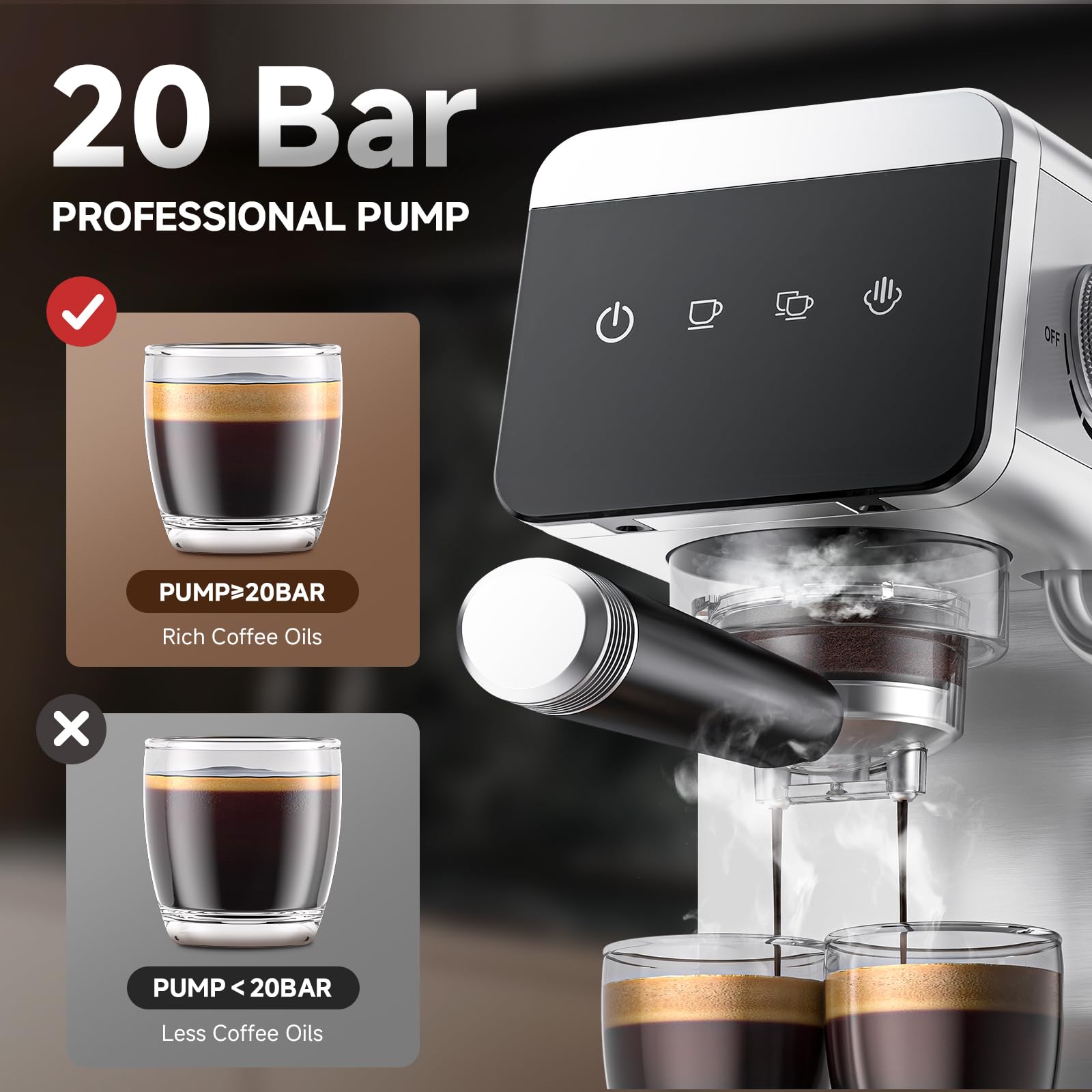 AMZCHEF Cafetera Espresso de 20 Bares con Pantalla LED Cafetera Todo en Uno con Depósito Extraíble de 1,2 Litros para Regalos del Hogar Cafetera Latte Compacta de Acero Inoxidable, 1350W