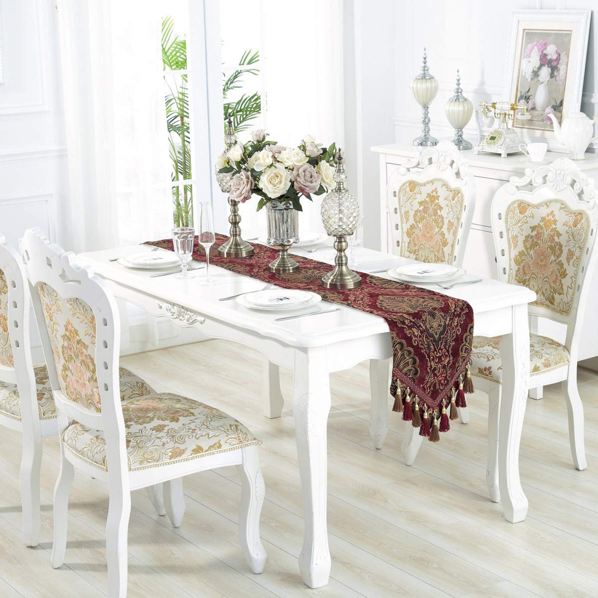 Stickerei Luxus Tischl?Ufer Jacquard Stoff Tischl?Ufer mit Mehreren Quasten f¨¹r Esszimmer Kommode Hochzeitsfeier Dekorationen, 33x180cm, Rot