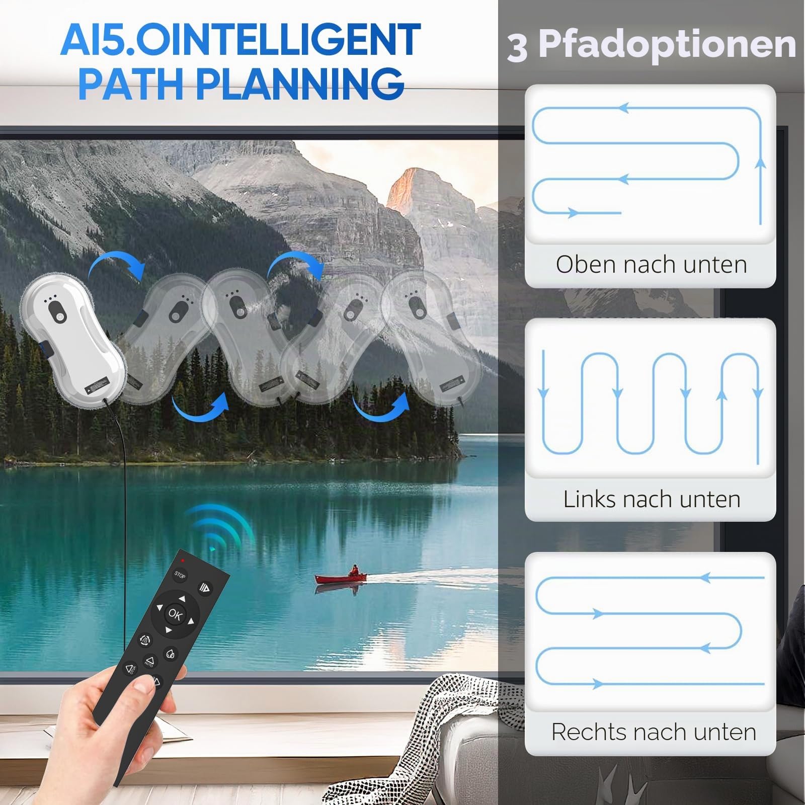 Fensterputzroboter 5600Pa, Fensterputzroboter mit Sprühfunktion, Fensterreiniger Roboter mit Fernbedienung, 3 Reinigungswege, Intelligente Navigation und Kantenerkennungssystem