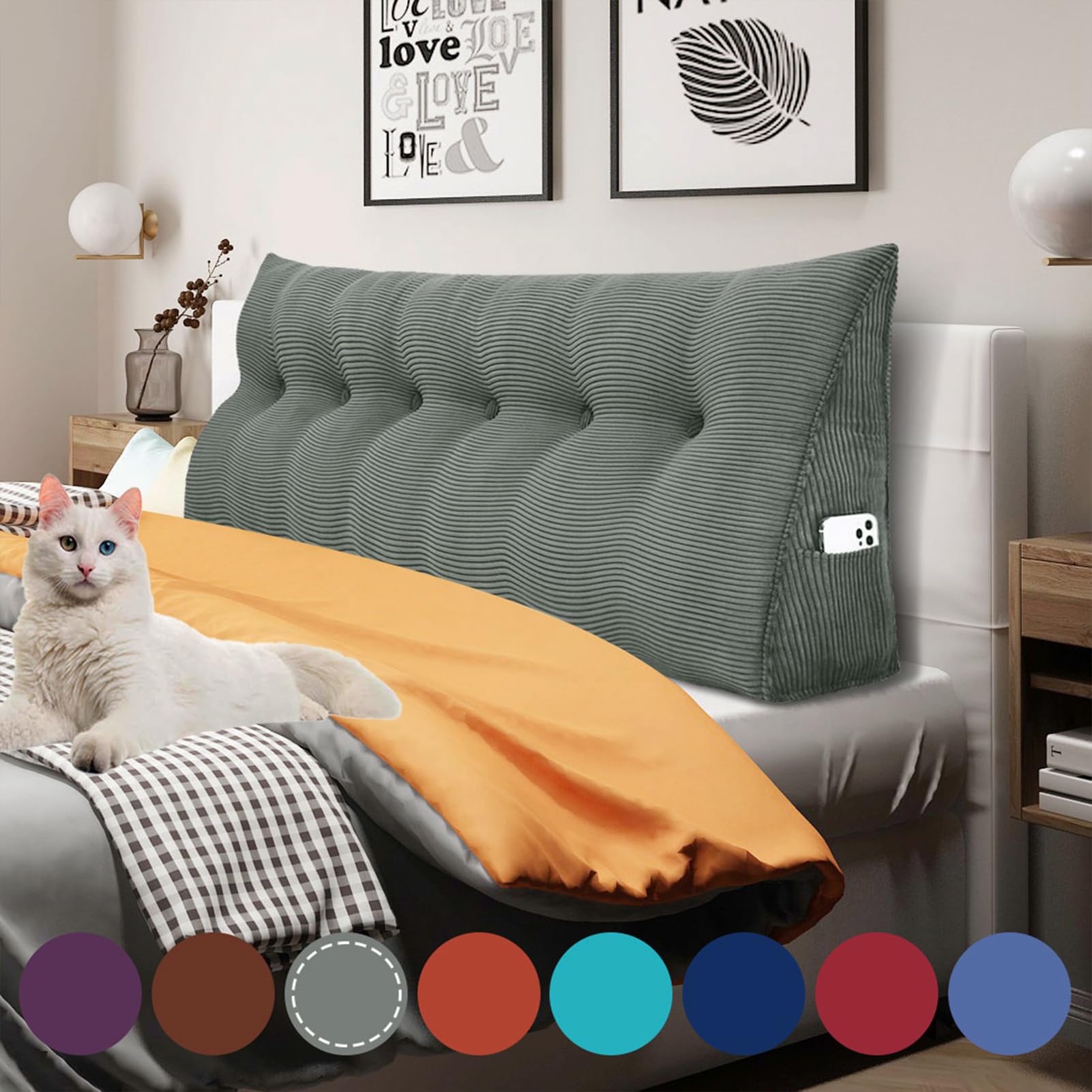 Rucener Respaldo cama grandes cojines triangulares, cojín para la espalda, respaldo, cabecera, cama, sofá, lectura, el perfecto cojín para TV y lectura, disponible en muchos tamaños, gris, 180 cm