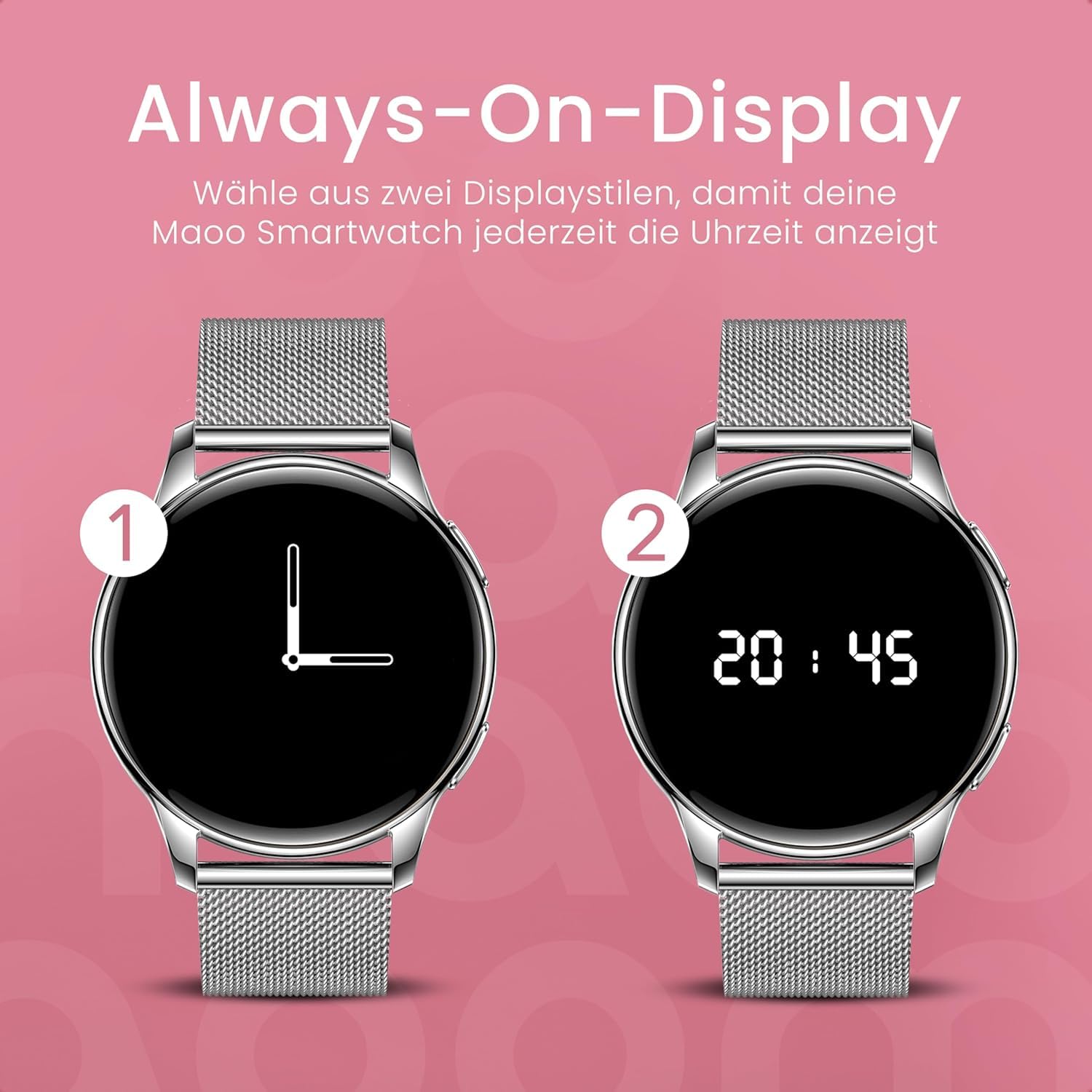 Maoo Ventura Smartwatch Damen 1,32 Zoll AMOLED Display Herzfrequenzmesser SPO₂ Blutdruckmesser IP67 wasserdicht 5 Armbänder Silber