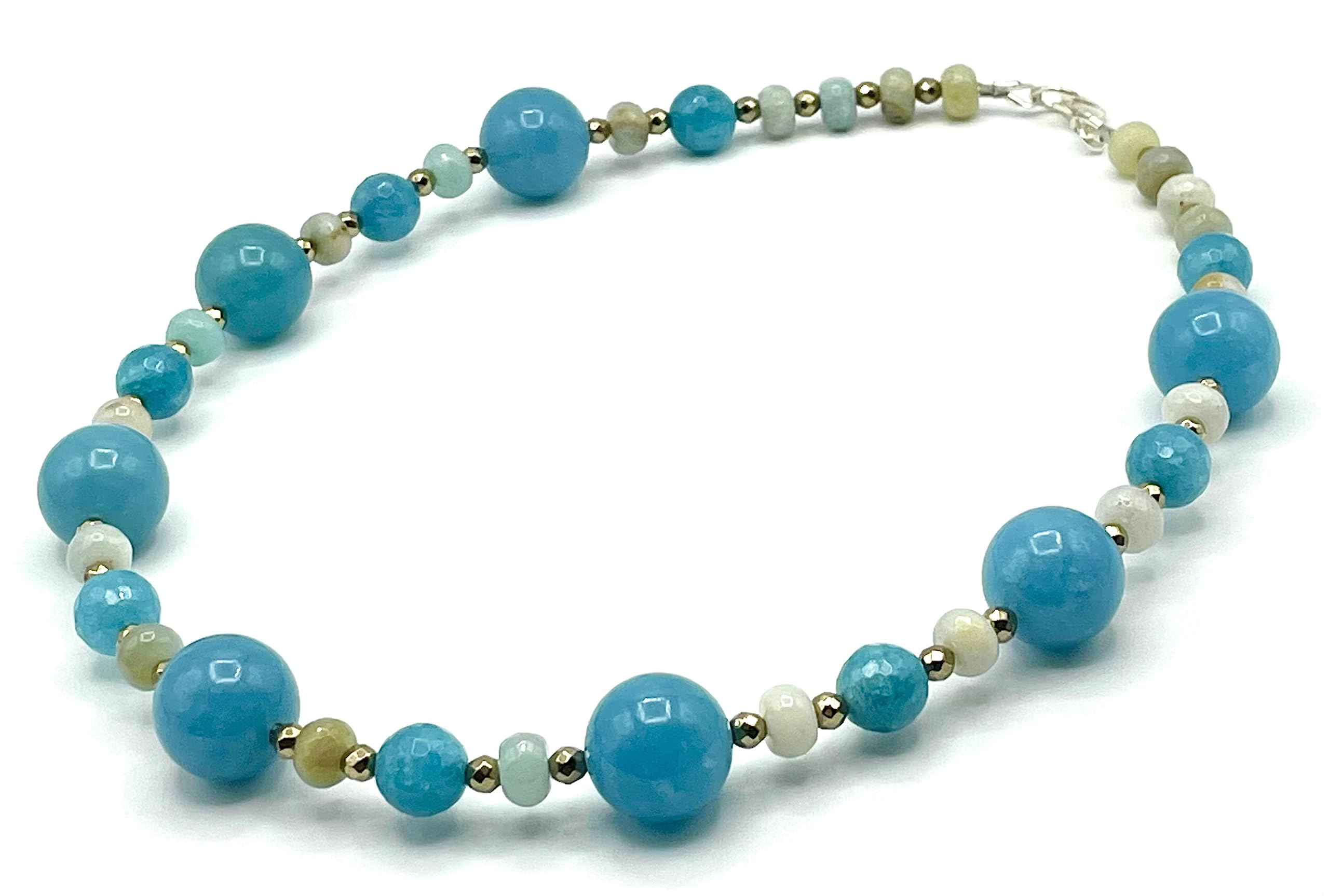 Collana in Argento 925 Giada e Amazzonite, Gioielli Artigianali, Pietra di Nascita di Marzo, Pietre Dure, Bijoux Made in Italy, Regalo