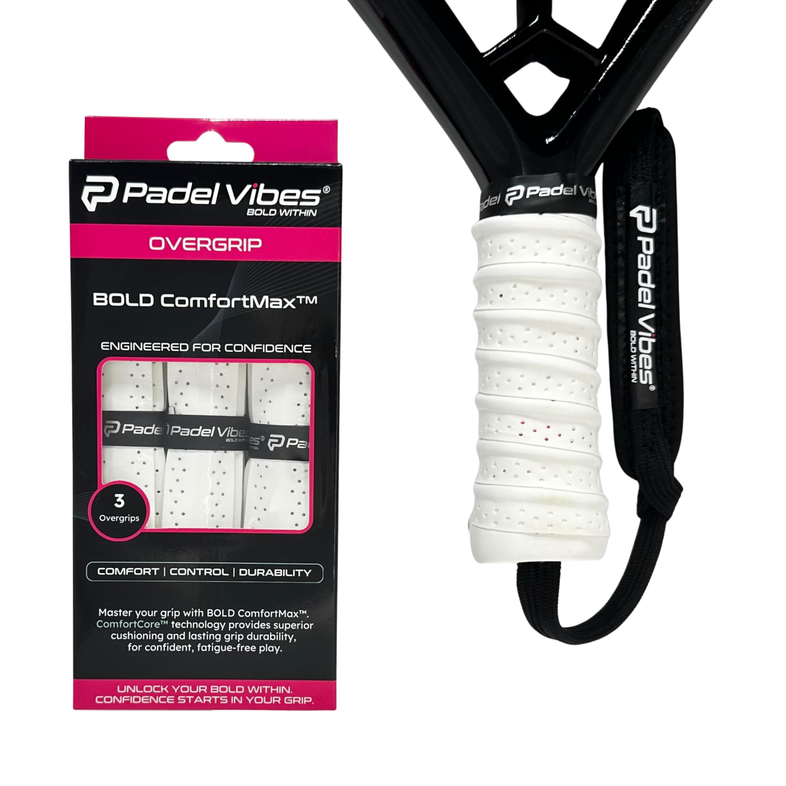 Padel Vibes® BOLD ComfortMax™ Overgrip | Perforated, Ergonomic Overgrips for Padel, Tennis, Badminton, Squash, Racketball | Sweat-Absorbing, Anti-Slip, Durable (White | 3-Pack)