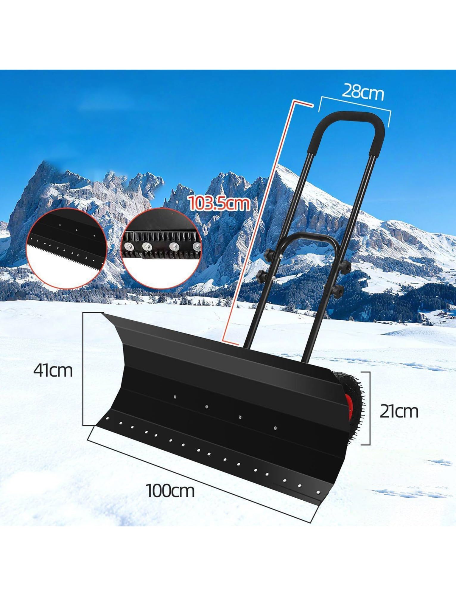 Empujador de nieve manual con ruedas, pala de metal ajustable para quitar sin elevación en la entrada y la acera