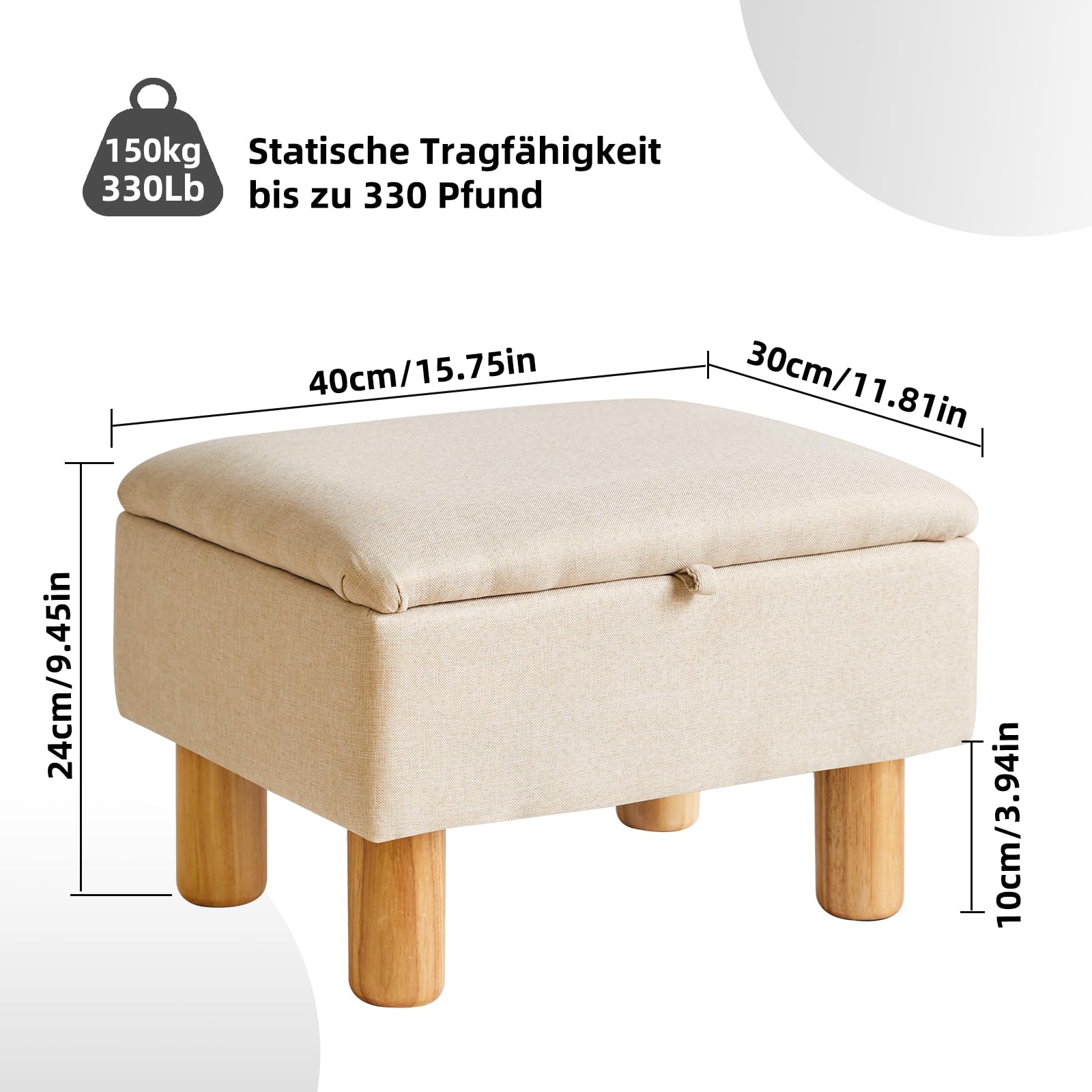 Aibiju Fußhocker mit Stauraum, Kleiner Ottoman-Fußhocker, Stoff-Fußhocker mit Holzbeinen für Wohnzimmer, Schlafzimmer, Eingangsbereich, Beige, YD-JD1361