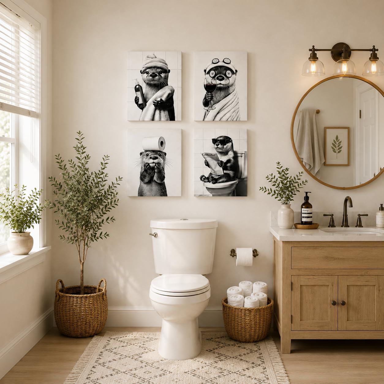 Dazzlewall Incorniciato Set di 4 Pezzi Quadro Bagno Lontra Divertente, Poster Retro in Bianco e Nero con Lontra Carina per Toilette Bagno 20×25 cm